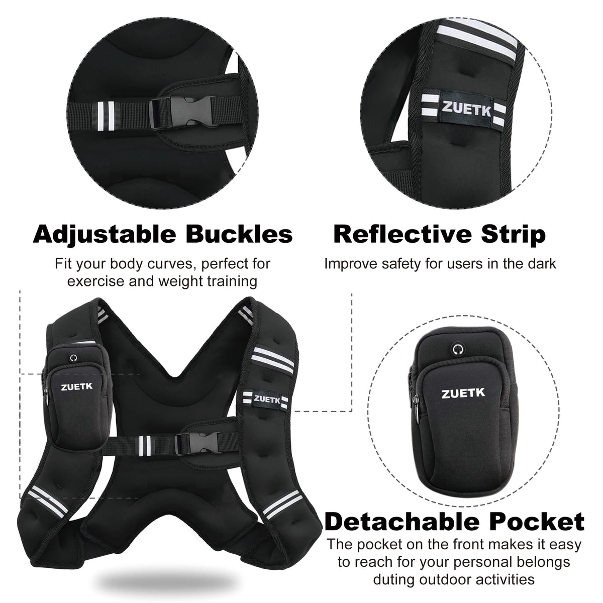 ZUETK Weighted Vest 6lb 8lb 12lb 16lb 20lb 25lb 30lb Weight - ZUETK Official Imagery - 3