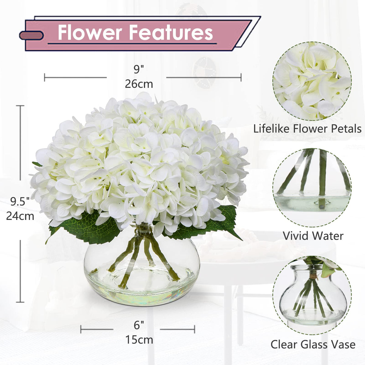 Hollyone Hydrangea Artificial Flowers with Vase White Silk - Hollyone Official Imagery - 4