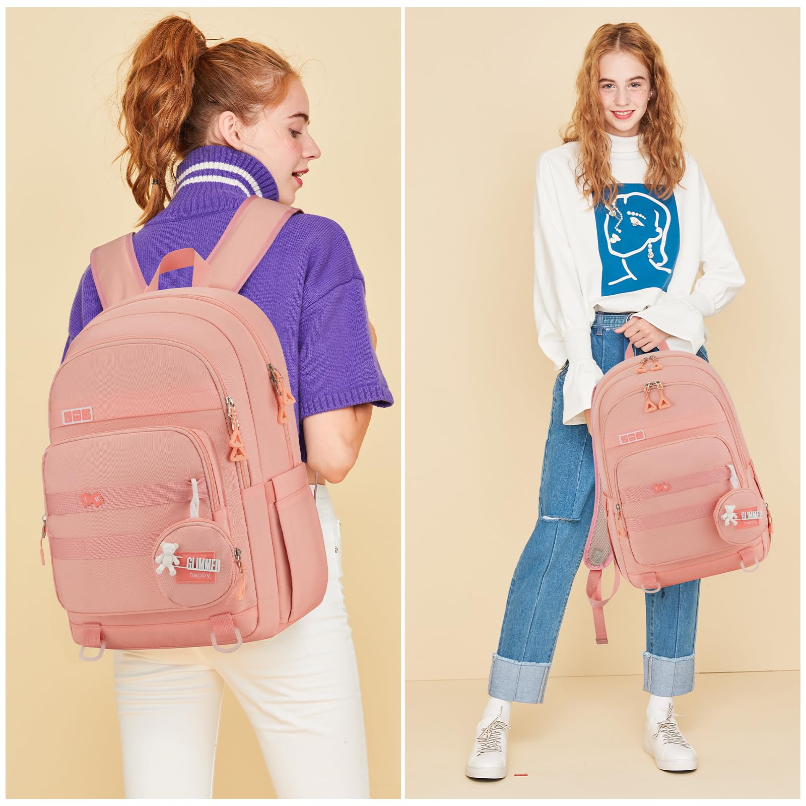 Pink YAMTION backpack for teen girls with a laptop compartment, casual school and travel bookbag for middle high school and college.