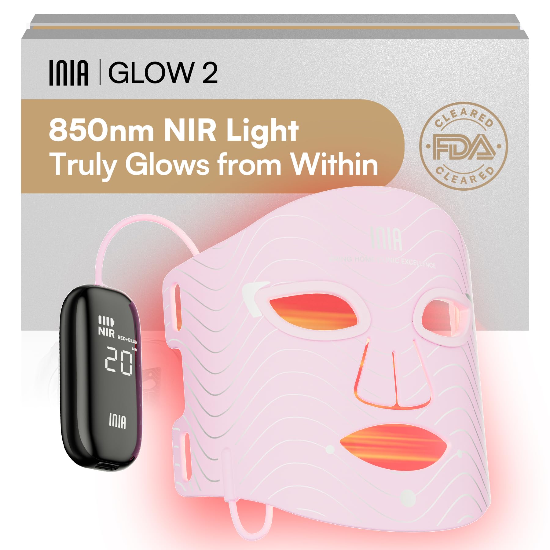 INIA Red Light Therapy Mask for Face, 850nm NIR, Red/Blue LED - Product Imagery