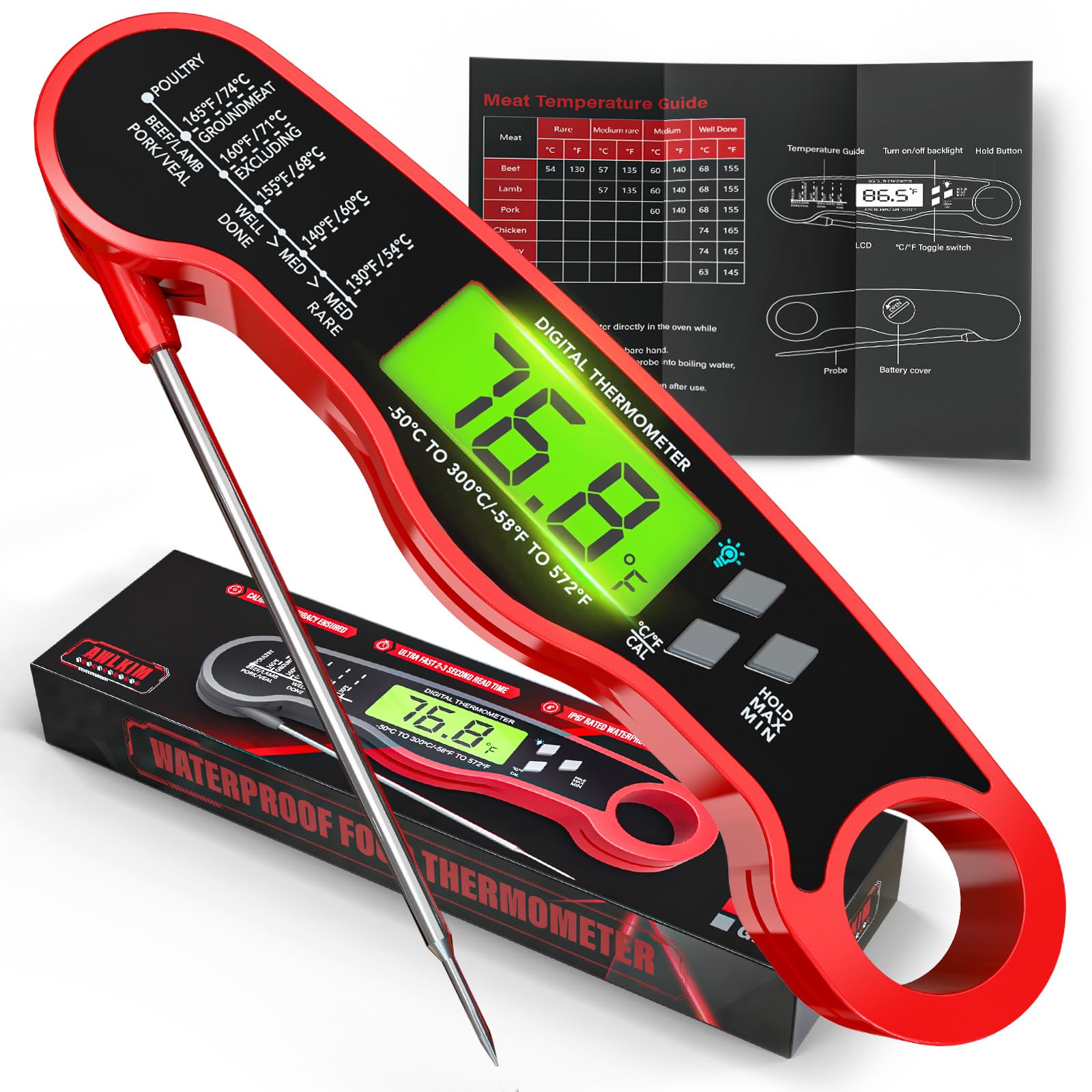 AWLKIM Meat Thermometer Digital, Instant Read Food Thermometer, Red - AWLKIM Official Product View 2