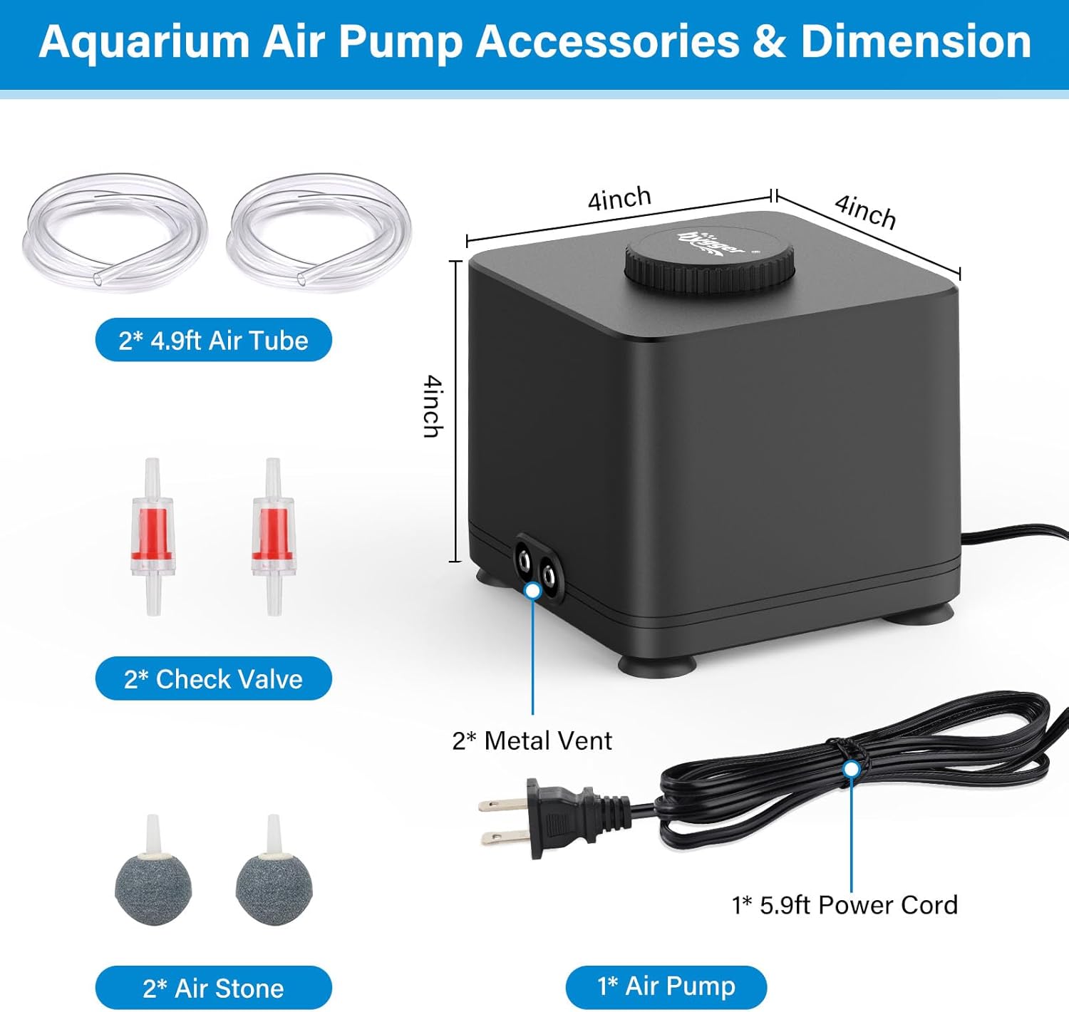 hygger aquarium air pump with 4W power, quiet adjustable fish tank oxygen pump, compact and efficient for oxygen circulation