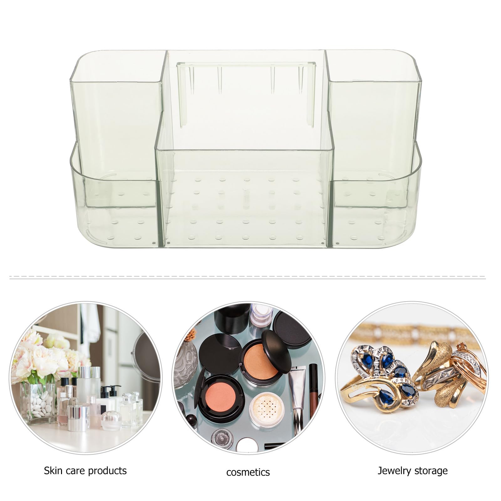 FESTFENDS wall-mounted makeup organizer caddy with multiple compartments, semi-transparent green plastic storage for cosmetics and skincare tools
