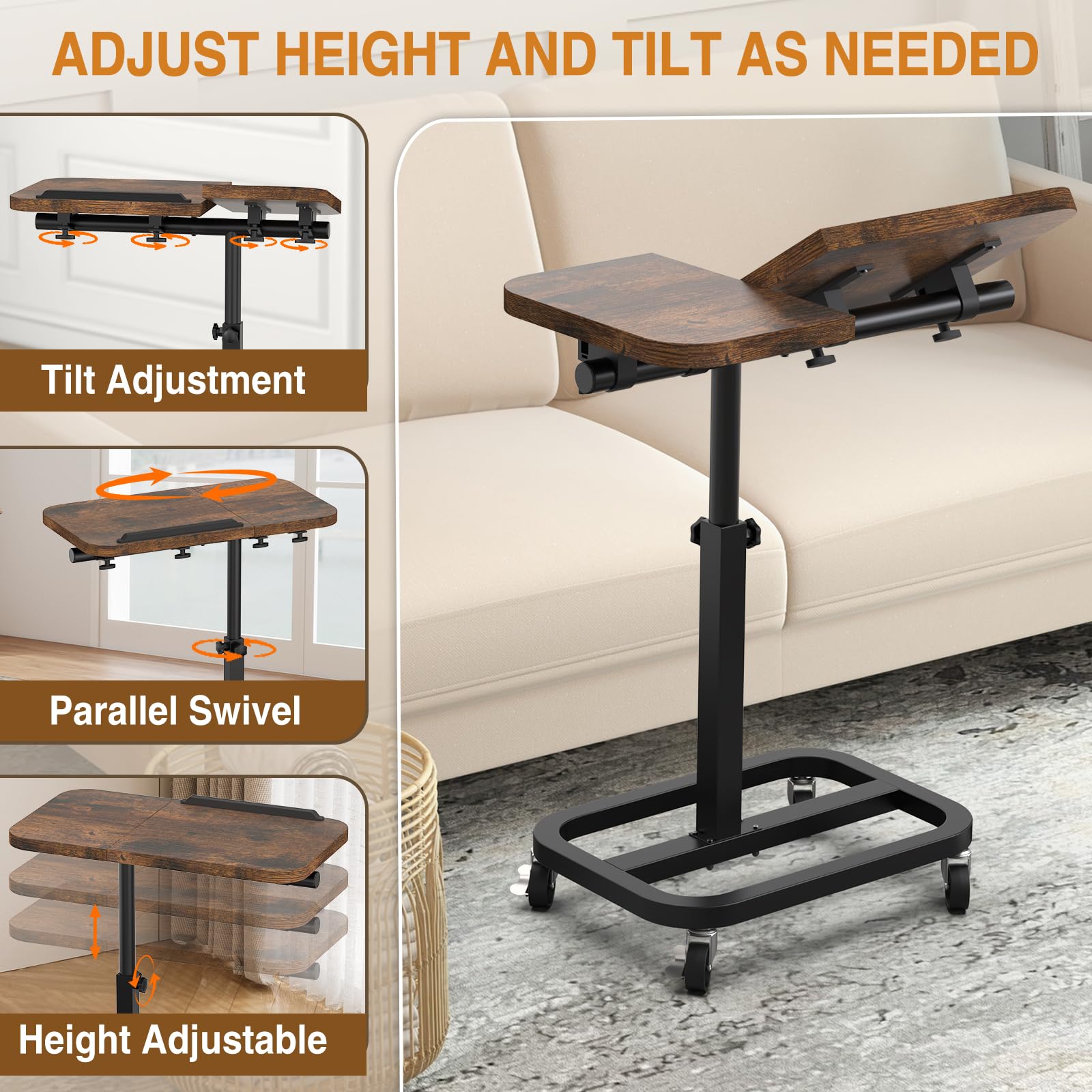 Adjustable alentar rolling bed table with laptop surface, height and tilt adjustments, designed for comfortable home use.