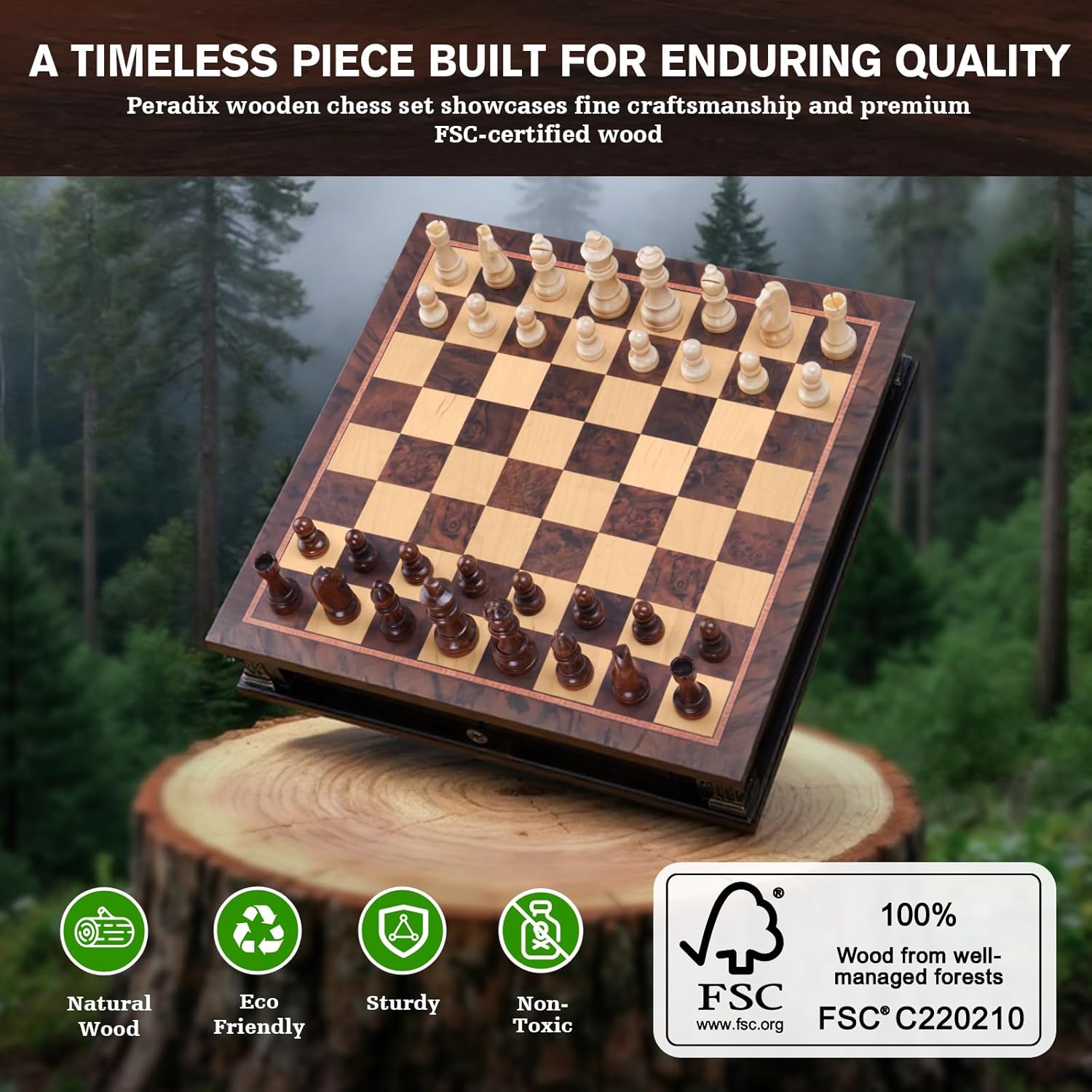 Peradix magnetic wooden chess set with 15-inch board and two built-in storage drawers, featuring magnetic chess pieces.