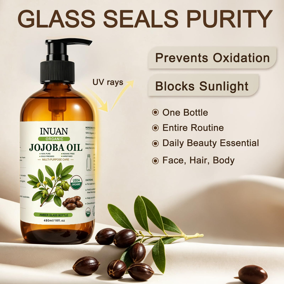 Organic Jojoba Oil USDA Certified Cold Pressed for Skin Hair - INUAN Official Imagery - 4