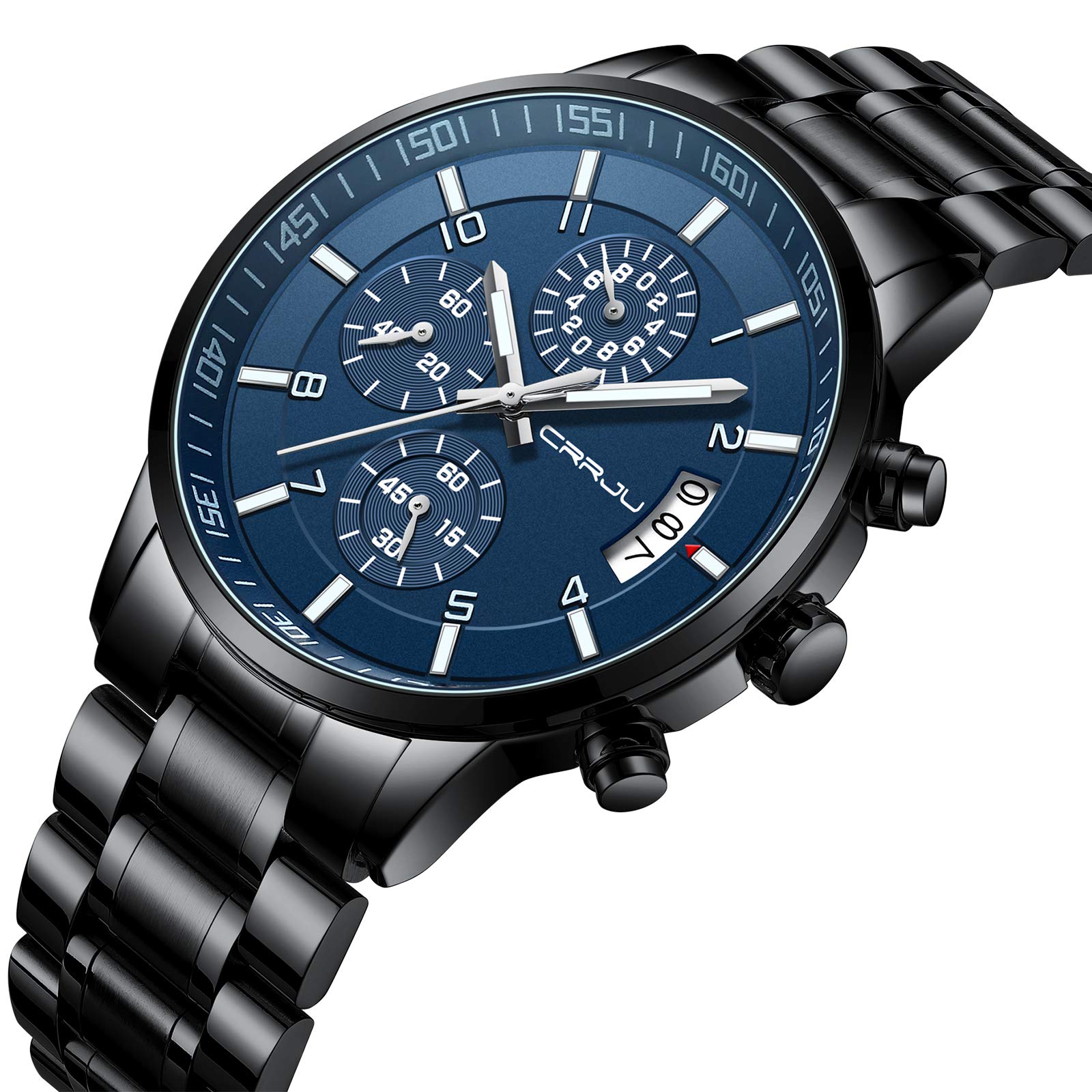 CRRJU Men's Chronograph Watch – Black Steel 3ATM