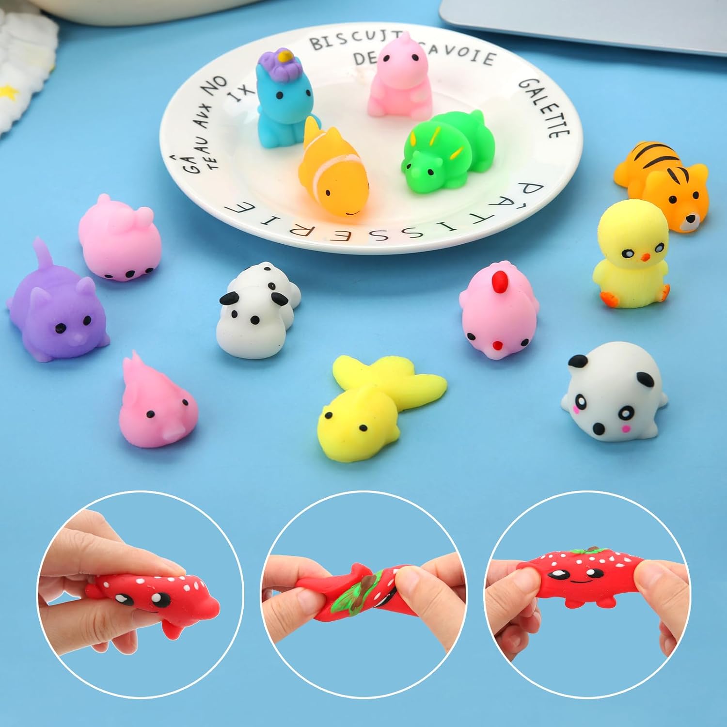 Set of 30 colorful Mantyplay kawaii squishy toys, soft stress-relief toys for kids ages 4-12, featuring cute character designs.