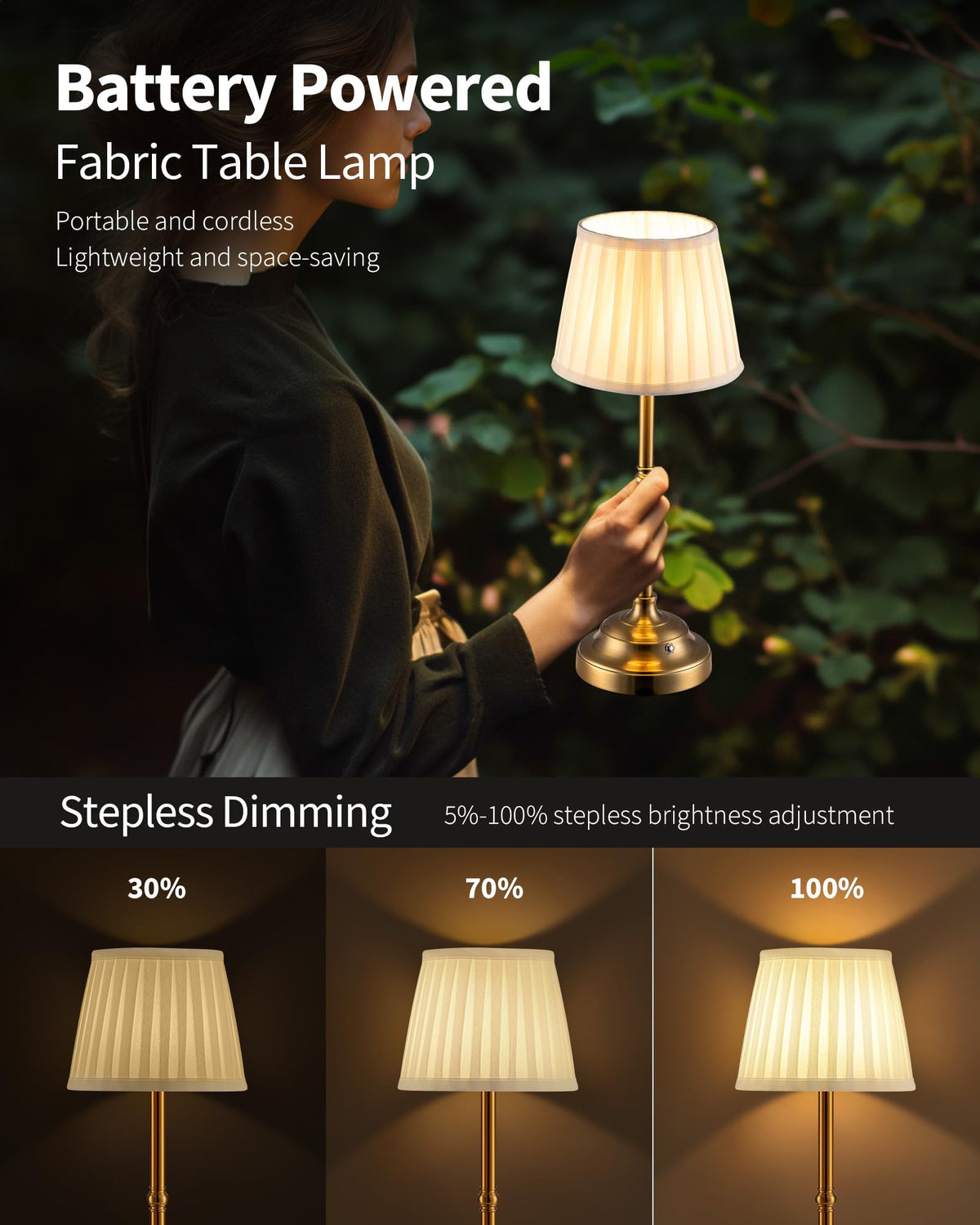 KDG Gold Cordless Portable LED Table Lamp Beige Fabric Shade - KDG Official Imagery - 5