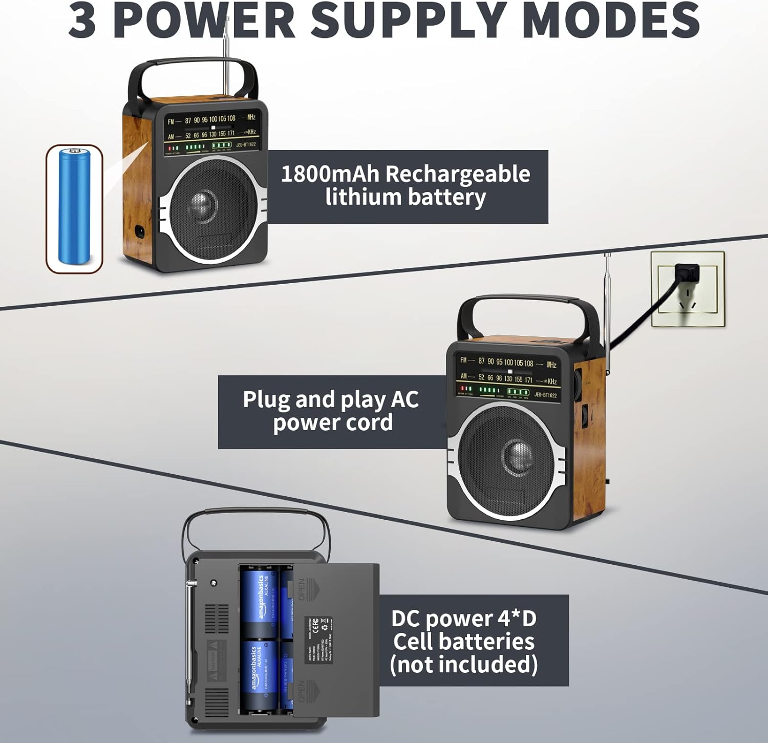 Portable JEUJUG AM FM radio with Bluetooth 5.0, built-in rechargeable battery, 5W loud speaker, and digital display.