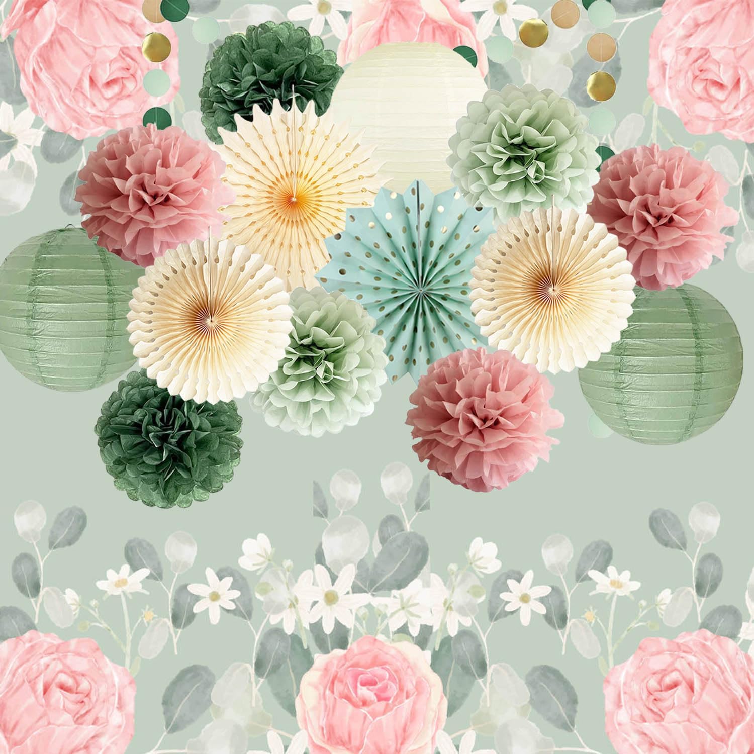 Sage green and dusty pink party decorations including balloons and banners for celebration by FETETIJD