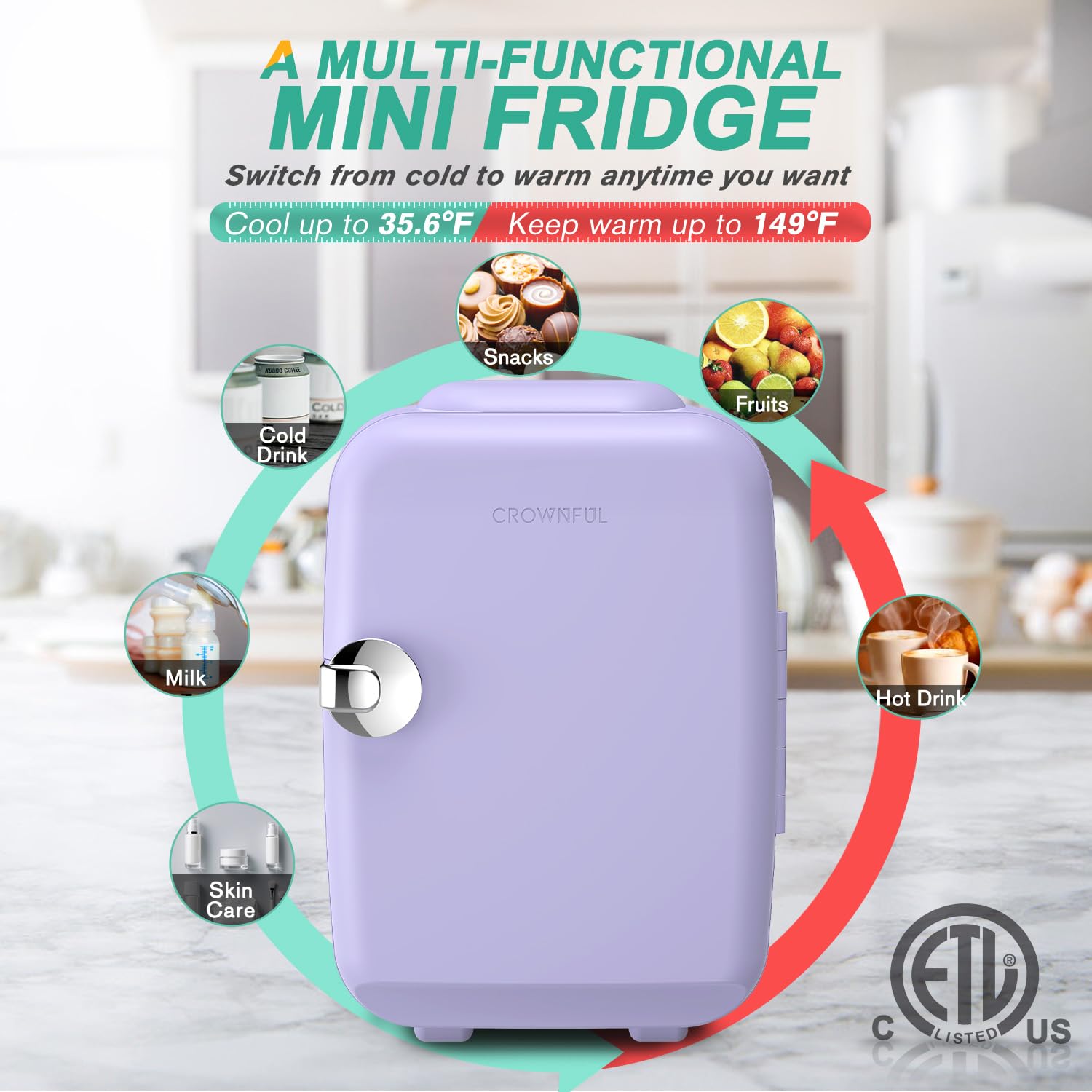 CROWNFUL Mini Fridge, 4 Liter/6 Can Portable Cooler and Warmer - CROWNFUL
