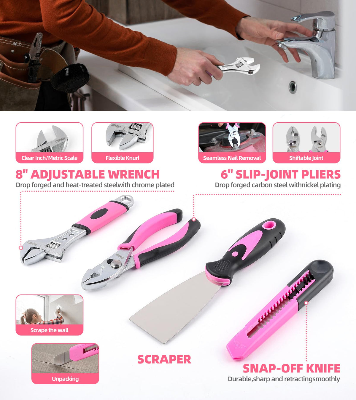 DOWELL Pink Tool Set with 3 6V Cordless Screwdriver Tool Kit - DOWELL Official Imagery - 6
