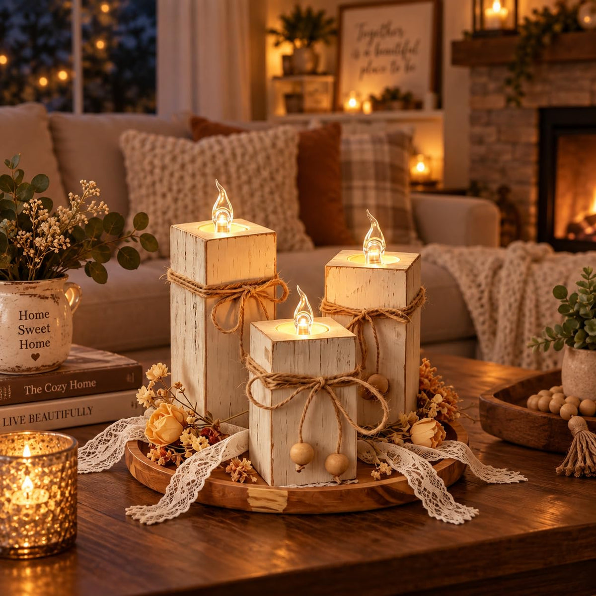 Farmhouse Candle Holder Decor 6pcs with Flameless LED - ZENLIV Official Imagery - 5