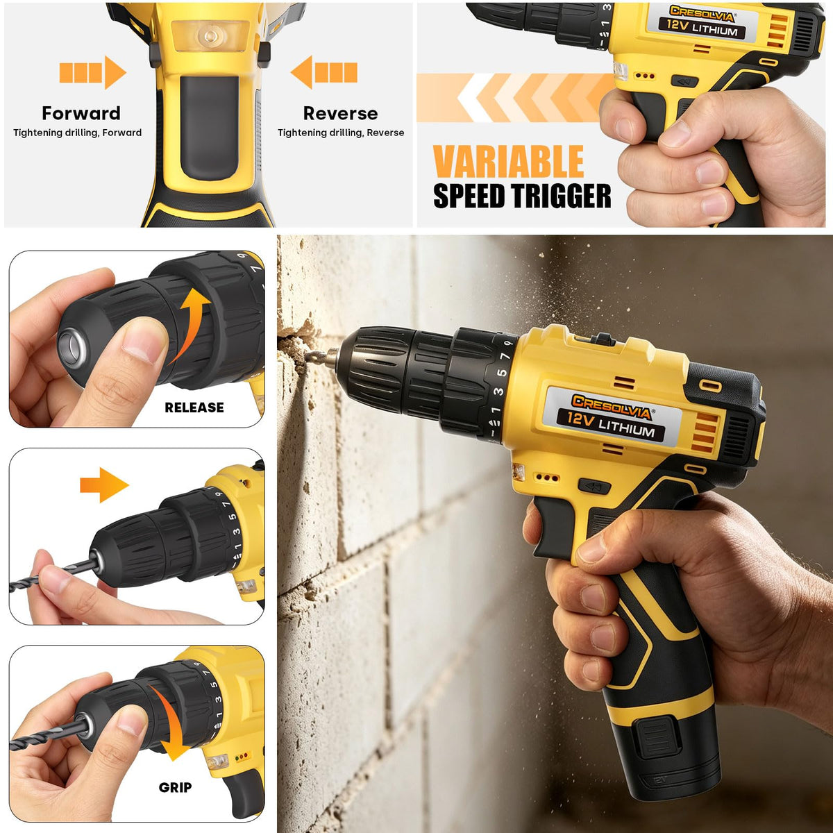 Drill Set Tool Kit for Home with 12V Cordless Power Drill - CRESOLVIA Official Imagery - 7