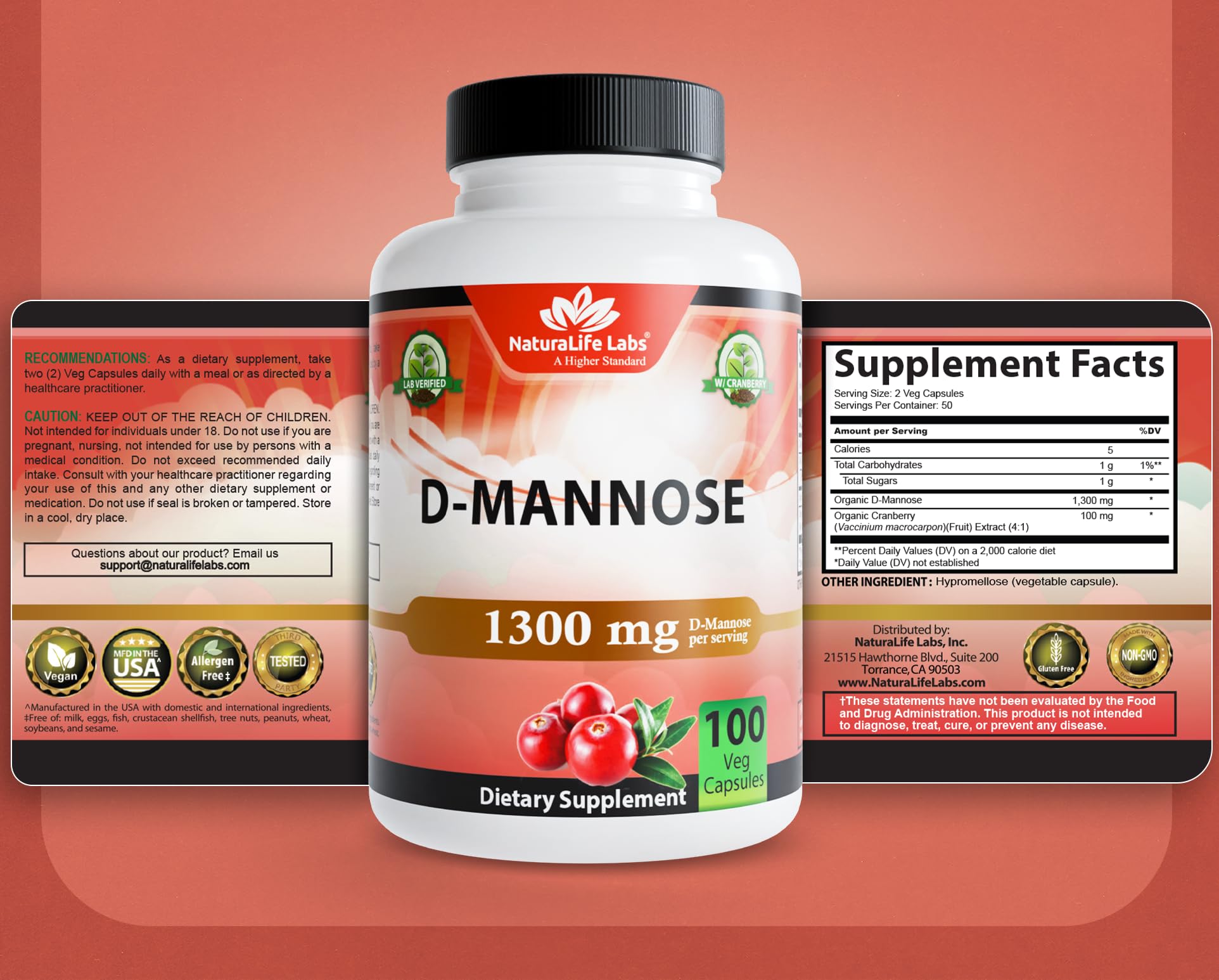 NaturaLife Labs D-Mannose 1300mg + Cranberry 100 Caps