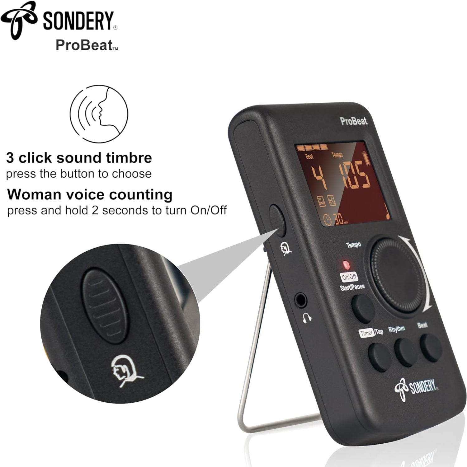 Sondery digital metronome with rechargeable battery, English vocal counting, and timer display for musicians and practice sessions.