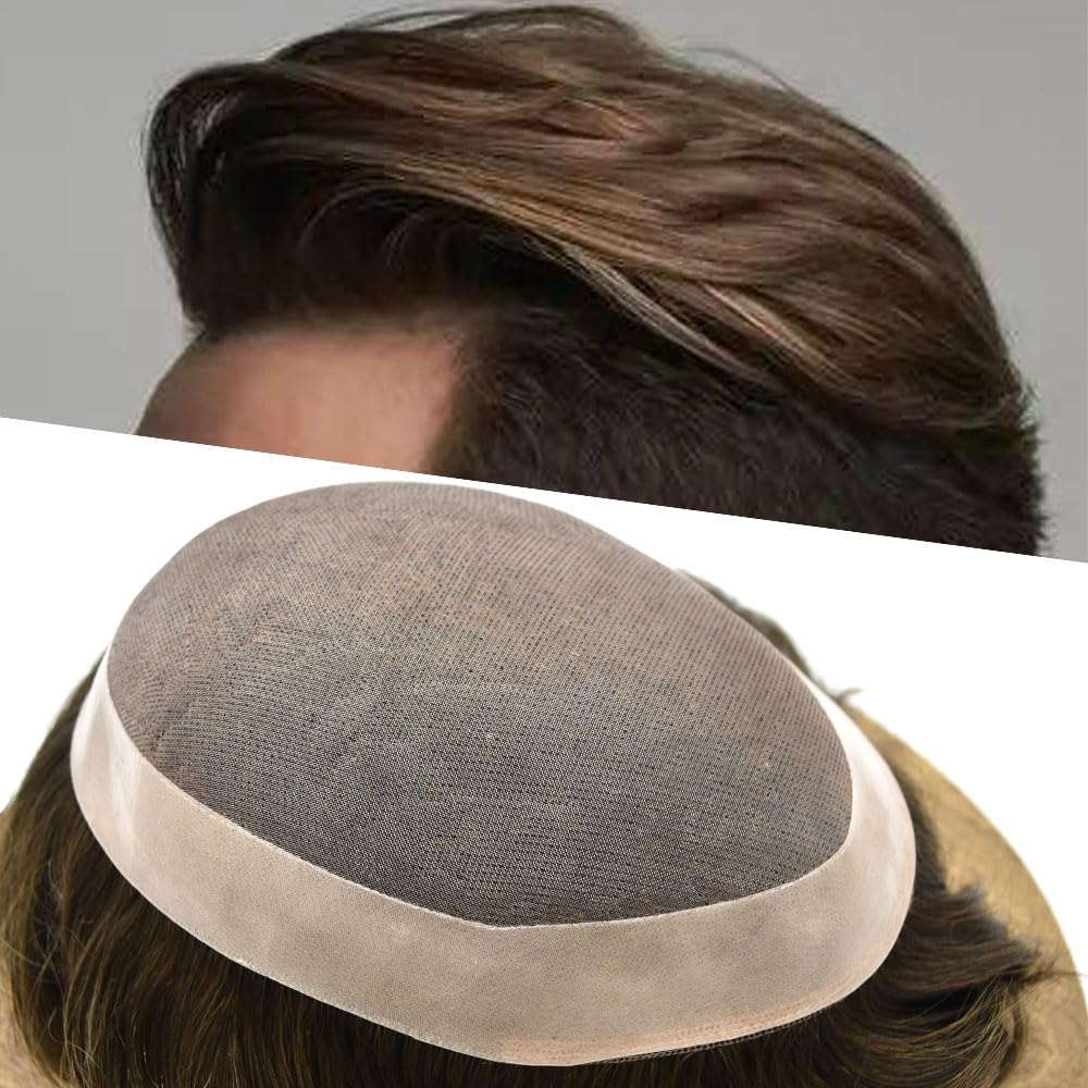 Curve Hair Mens Toupee Human Hair Piece Replacement System Monofilament Wig Hair Unit for Men Durable Poly Coated Mens Hairpiece (#410 Medium Brown+10% Gray, 7"X10")