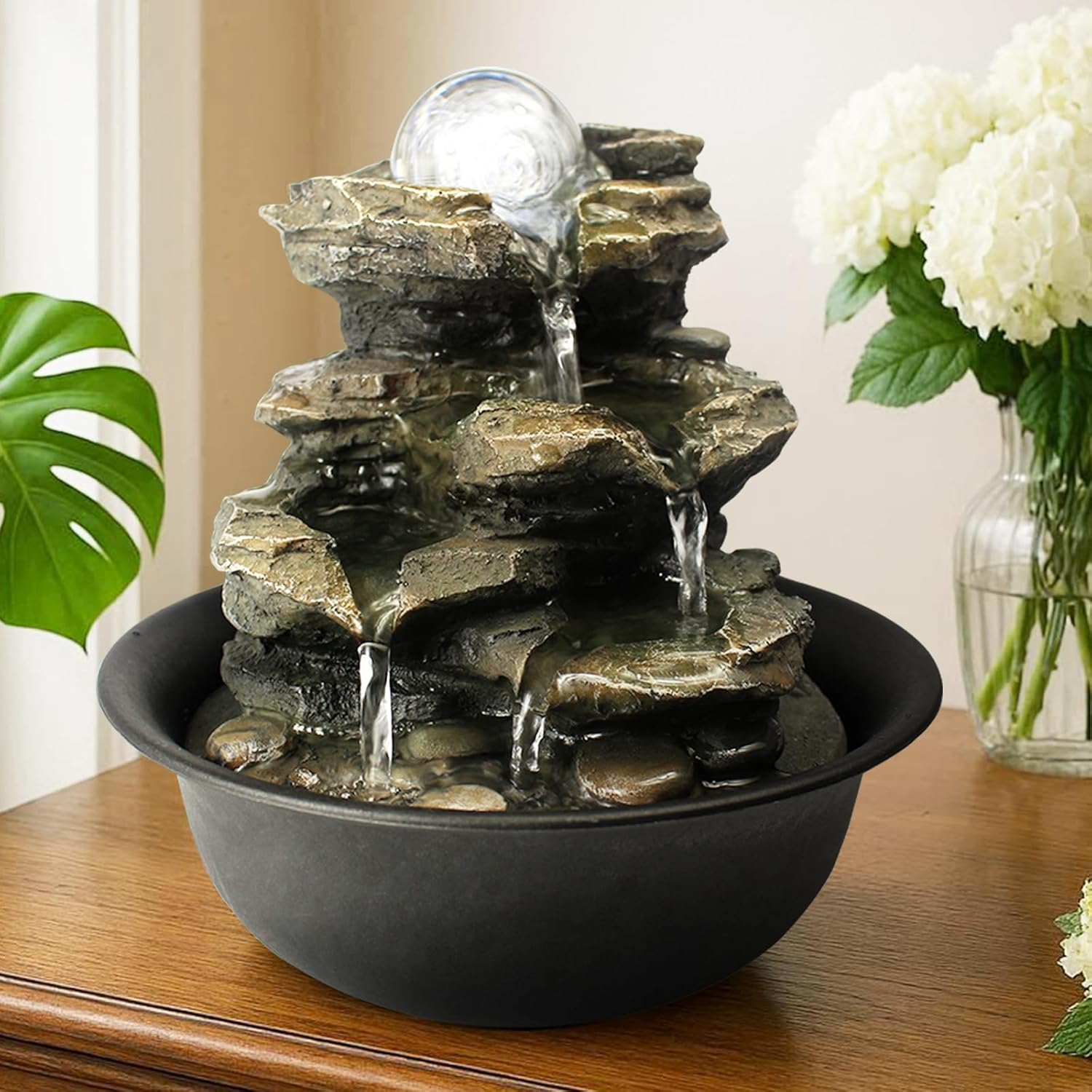 Spinning Orb Rock cascading tabletop fountain with indoor waterfall, Zen meditation home decor by BBabe Store