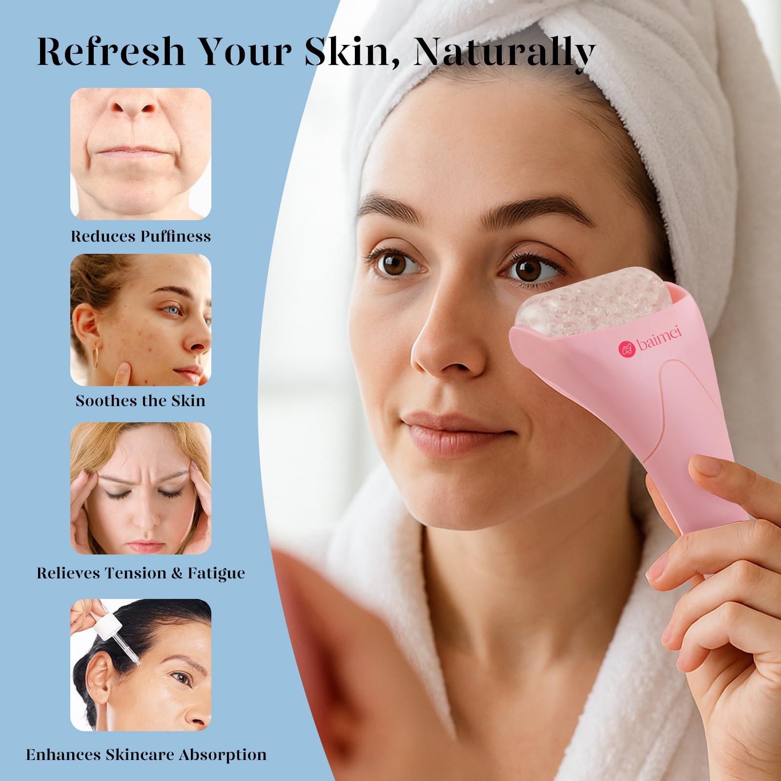 BAIMEI IcyMe ice roller and gua sha massager for full body skincare, featuring a sleek design for cooling and facial massage.