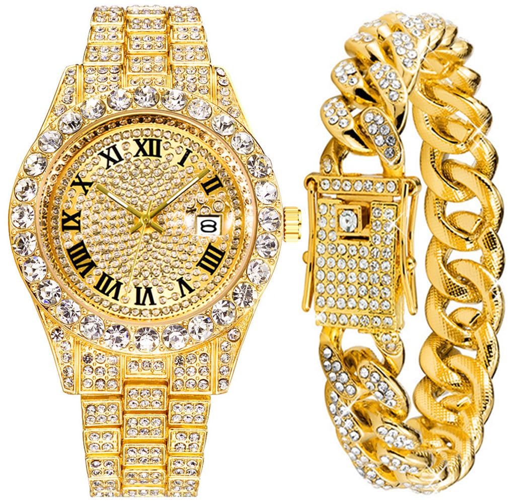 Hip Hop Cuban Link Bracelet Watches Set for Men Iced Out - HUNRUY Official Imagery - 1