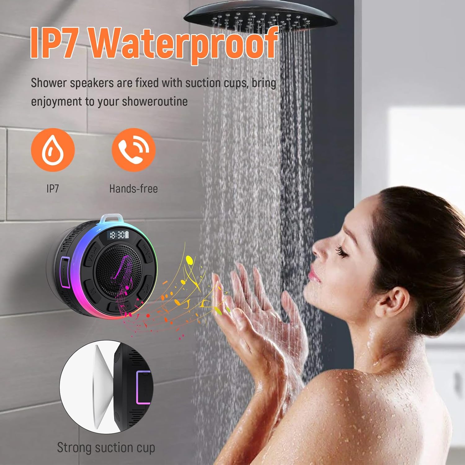 PRSCFUM waterproof shower Bluetooth speaker with compact design, featuring a sleek black finish and portable build for outdoor use.