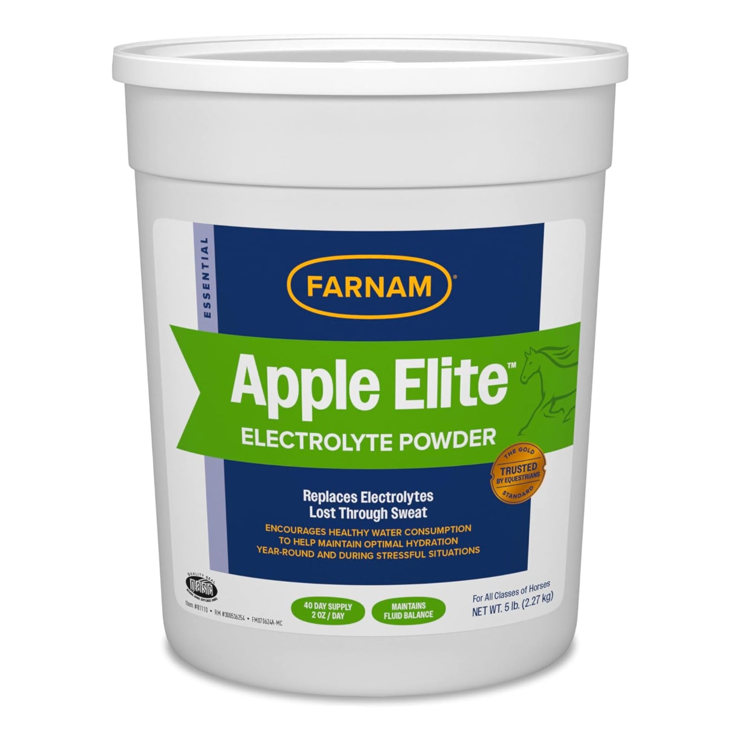 Farnam Apple Elite Horse Electrolytes Powder supplement in a 5 lb bag, designed to replace vital minerals for horses.