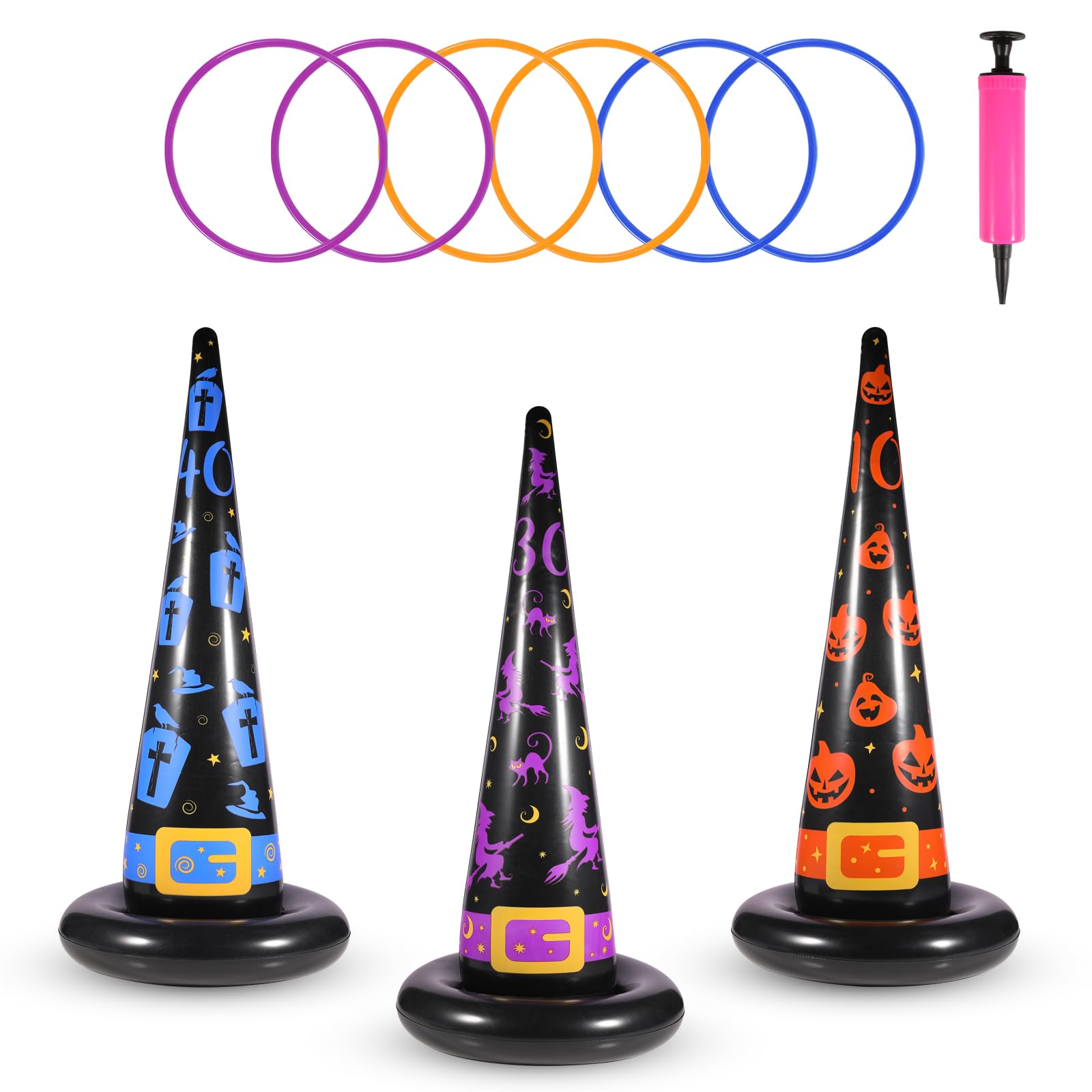 Halloween Ring Toss Game Set, 5Pcs Inflatable Witch Hats with - Product Imagery