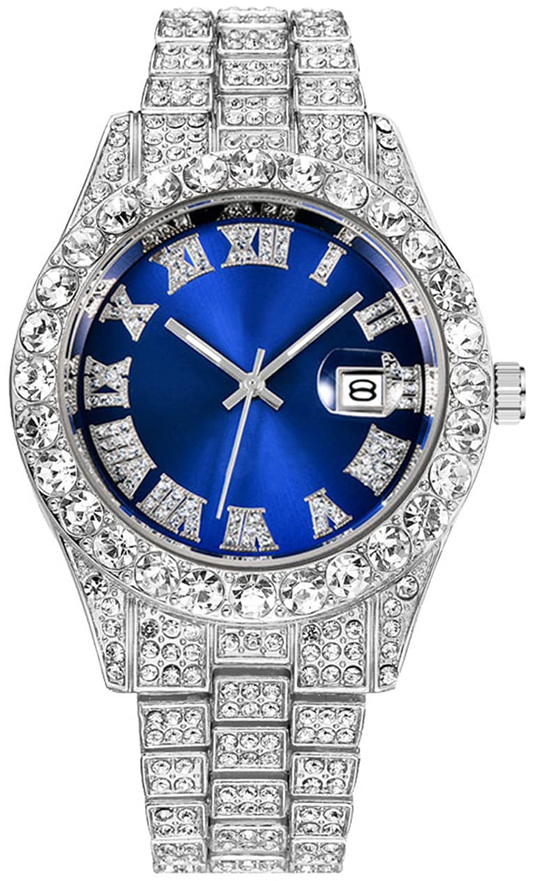 Luxury Mens Crystal Watch Quartz Analog Watch Big Face Diamond - Product Imagery