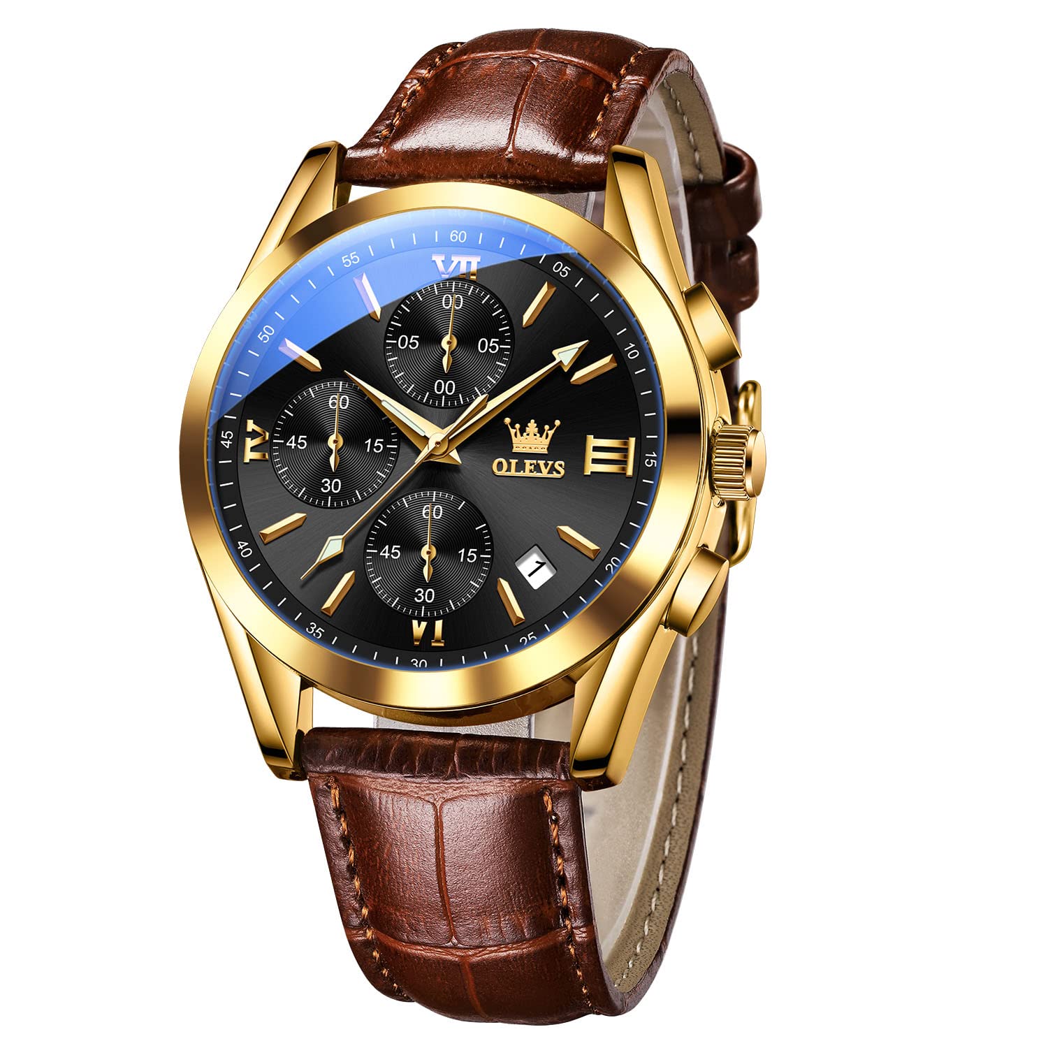 OLEVS Men's Chronograph Watch Leather Band Rose Gold