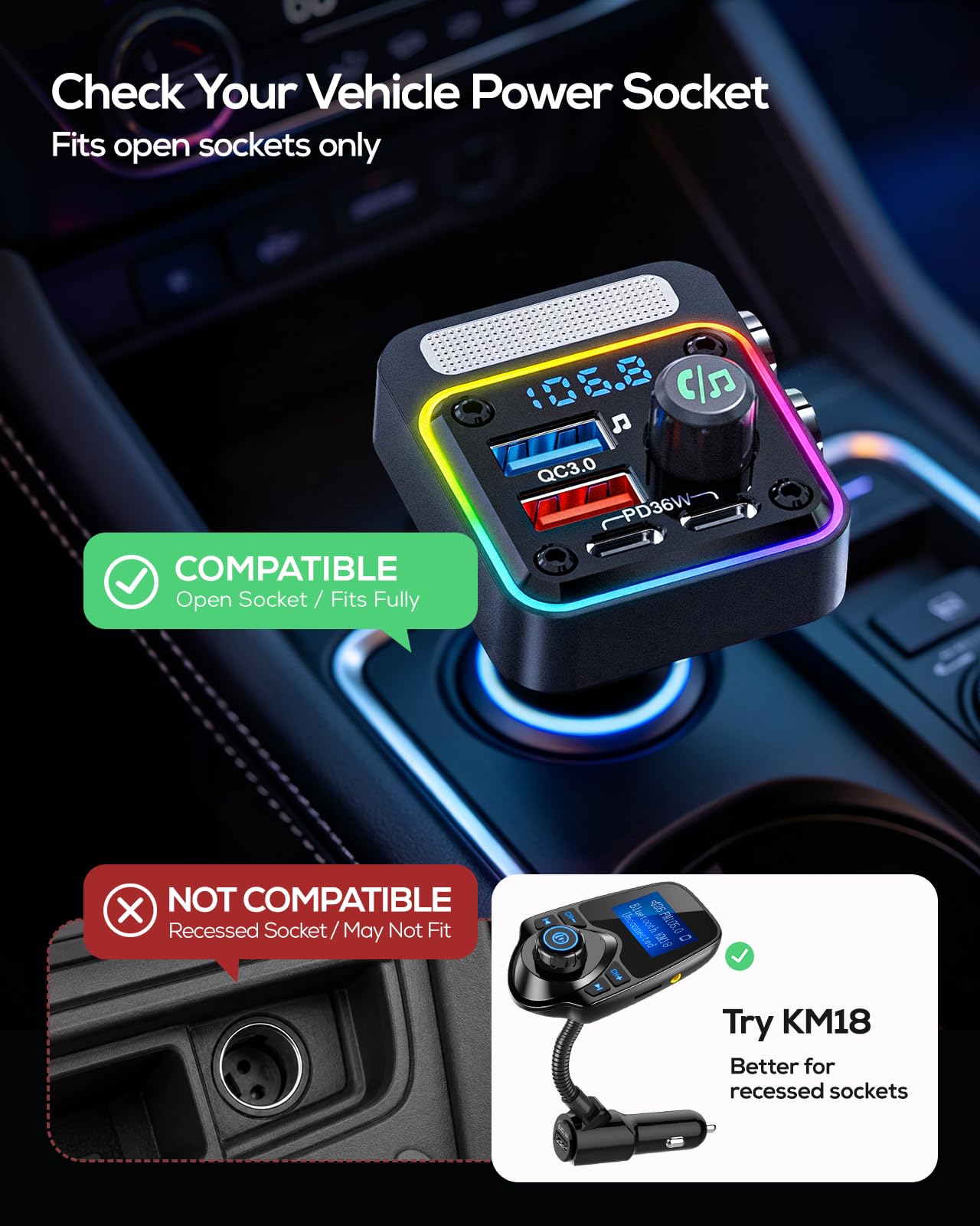 Nulaxy 54W Bluetooth 5.3 Car Adapter, FM Transmitter 4-Port Fast - Nulaxy Official Product View 7