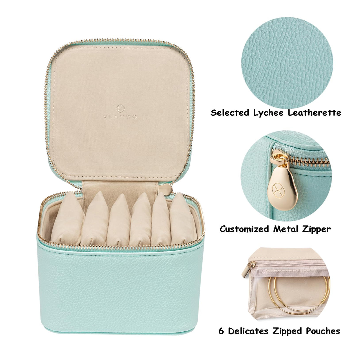 VLANDO Travel Jewelry Box Organizer with 6 Zippered Pouches - VLANDO Official Imagery - 8