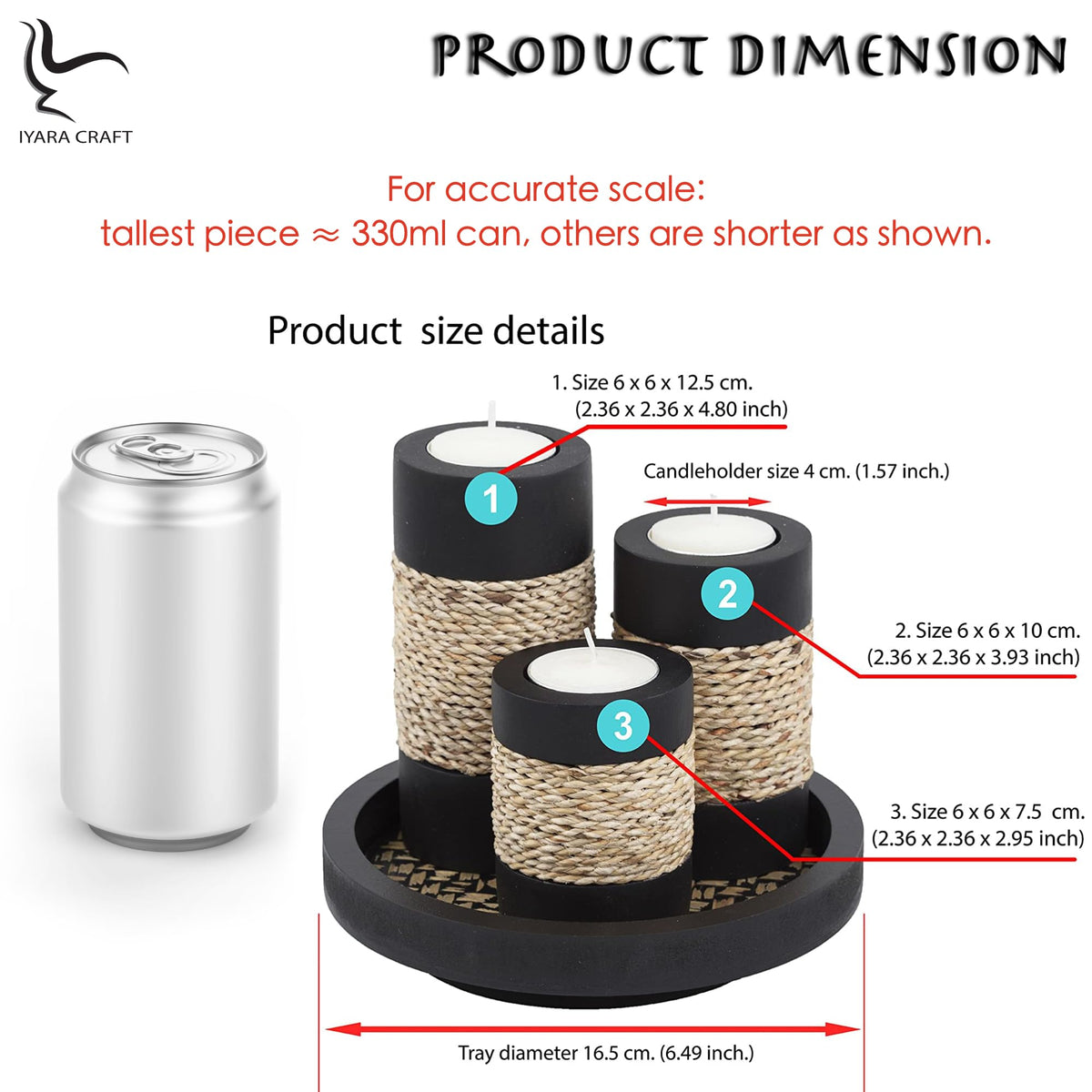 IYARA CRAFT Candleholder Set with Tray Set of 3 Rustic Black - IYARA CRAFT Official Imagery - 4