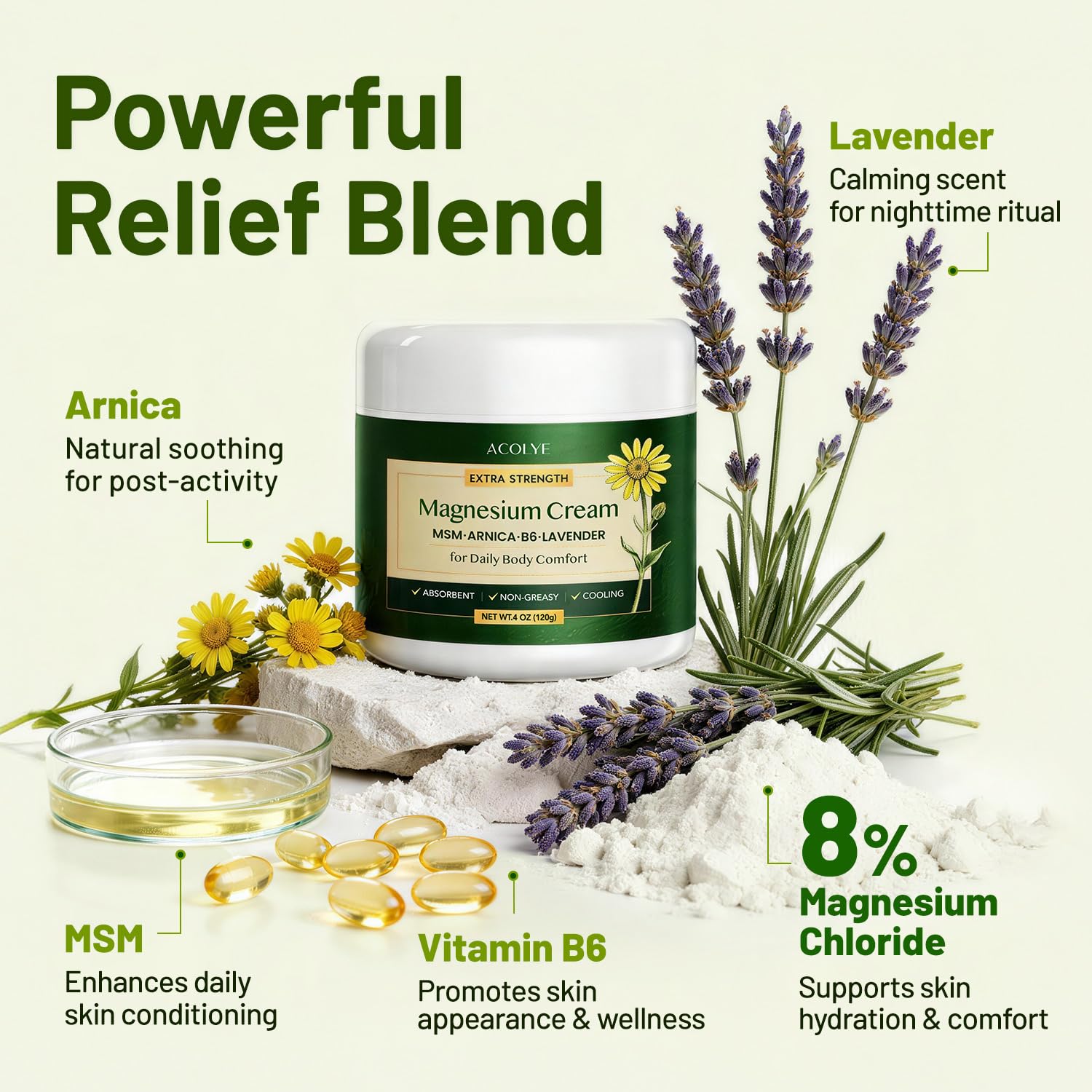 Acolye Total Relief Magnesium Cream with Arnica: Extra Strength Topical Magnesium Chloride Cream with MSM, B6, For Muscles, Joints & Legs, Fast Absorbing, Non-Greasy