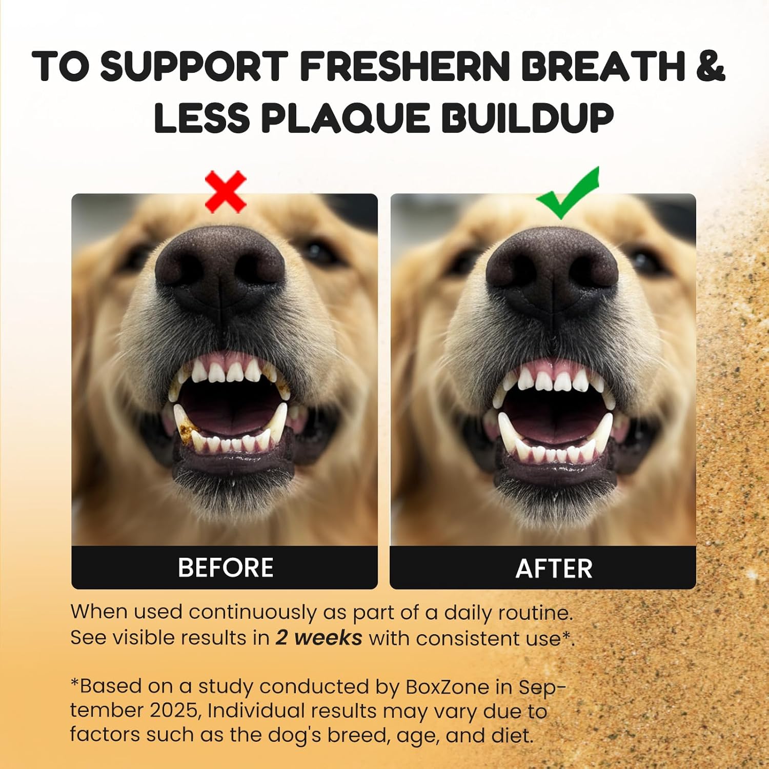 BoxZone dog teeth cleaning powder for plaque and tartar control with fresh breath, shown in the image.