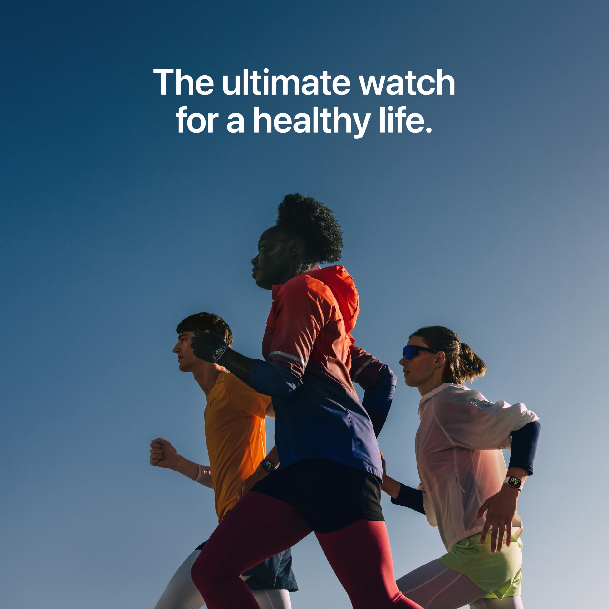 Apple Watch Series 11 GPS 42mm with jet black aluminum case and black sport band, showing the always-on display and health features.