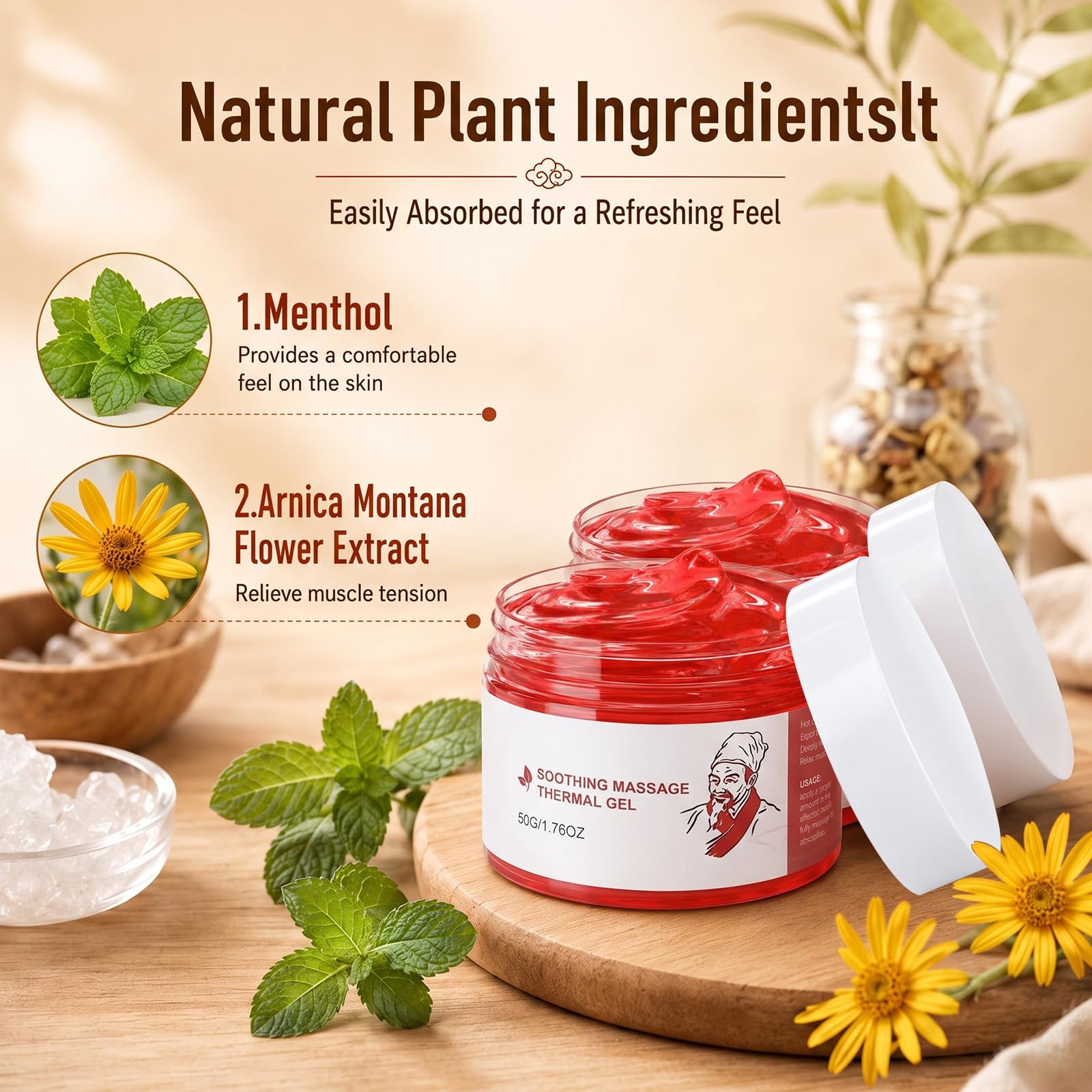 Herbal warming massage gel for body, moisturizing cream, two-piece set, soft texture, ideal for relaxing and skin hydration.