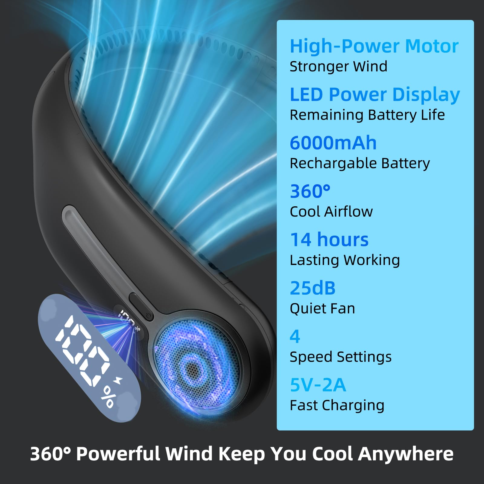 Kinhowly Portable Neck Fan, Personal Wearable Bladeless Fan, 6000 by Kinhowly - Angle View 3