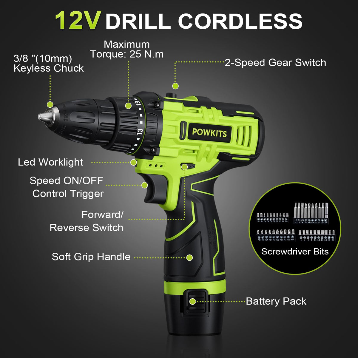 12V Cordless Drill Tool Set 25 1 Torque Setting Tool Kit Box - POWKITS Official Imagery - 4