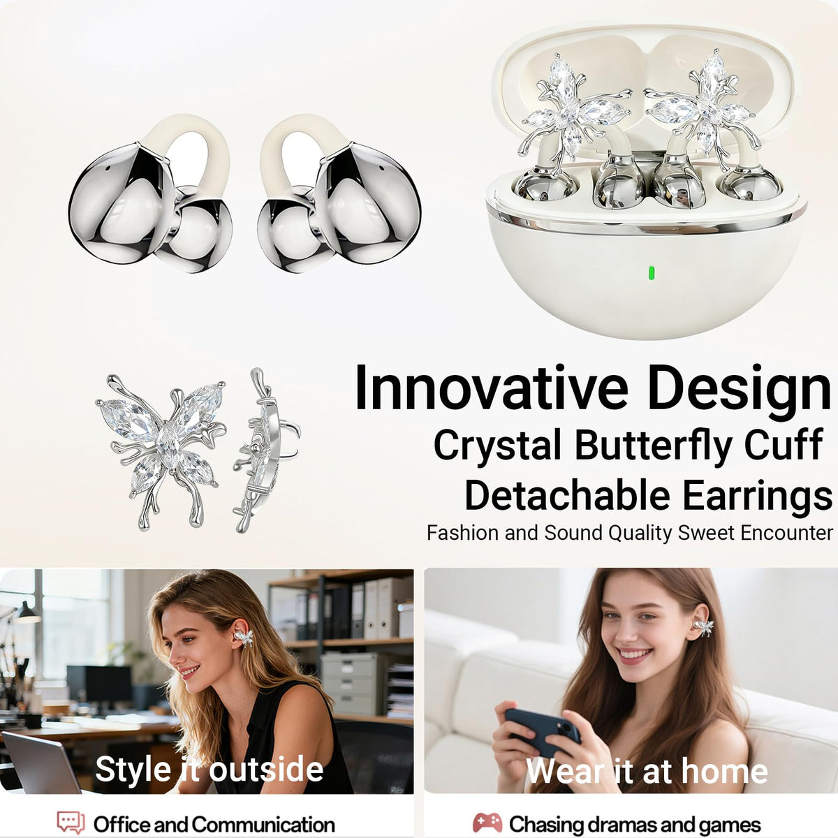 Jewelry Inspired Clip On Earbuds with Detachable Sparkle - miyonsin Official Imagery - 3
