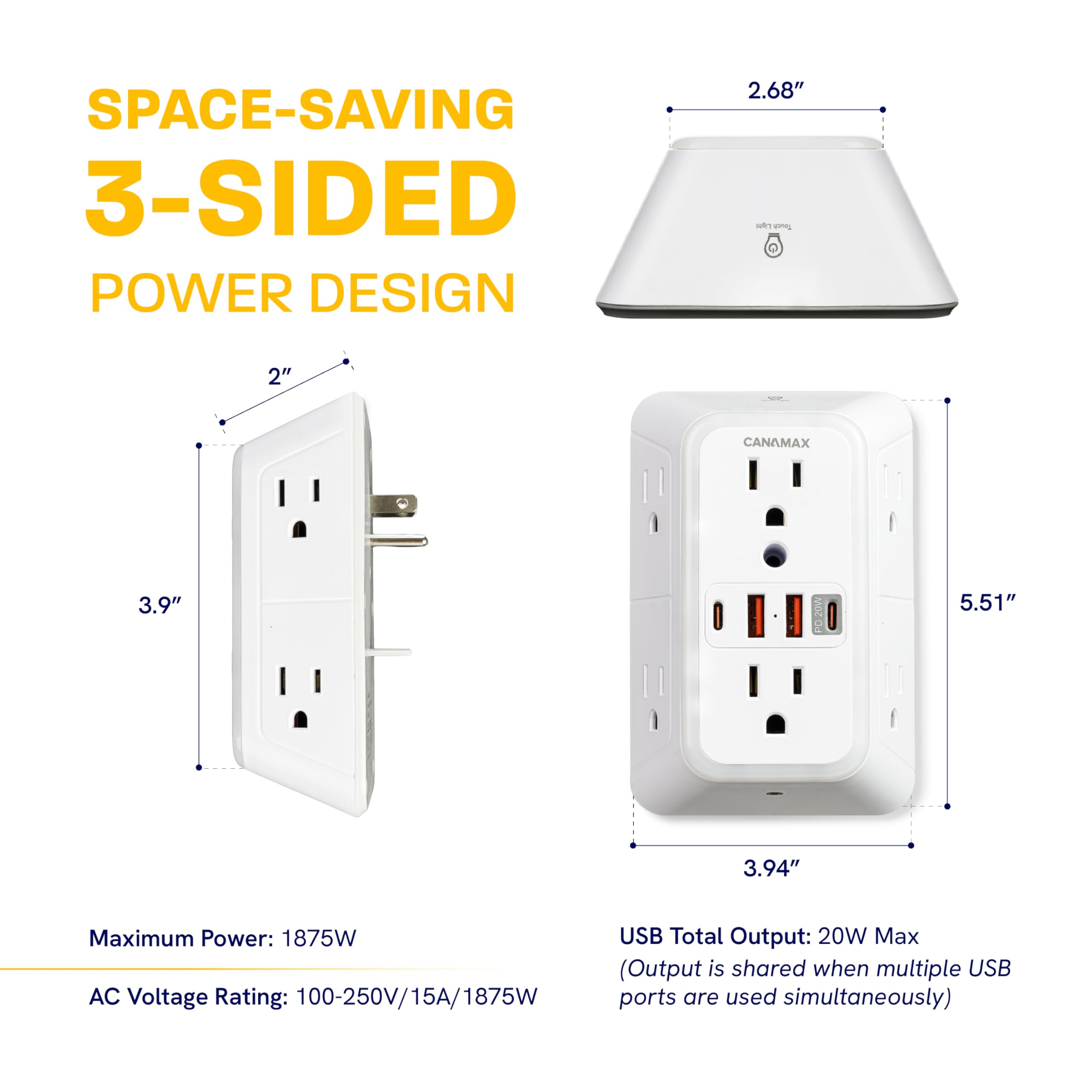 Canamax Multi Plug Wall Outlet Extender - 6 Outlet 4 USB Ports - Canamax Official Product View 7
