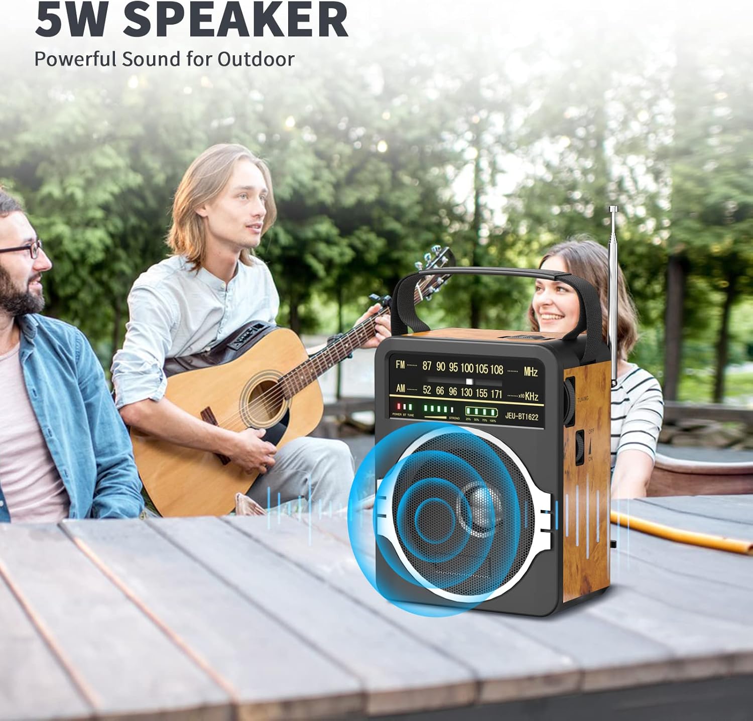 Portable JEUJUG AM FM radio with Bluetooth 5.0, 5-watt speaker, built-in rechargeable battery, compact design, and digital display.