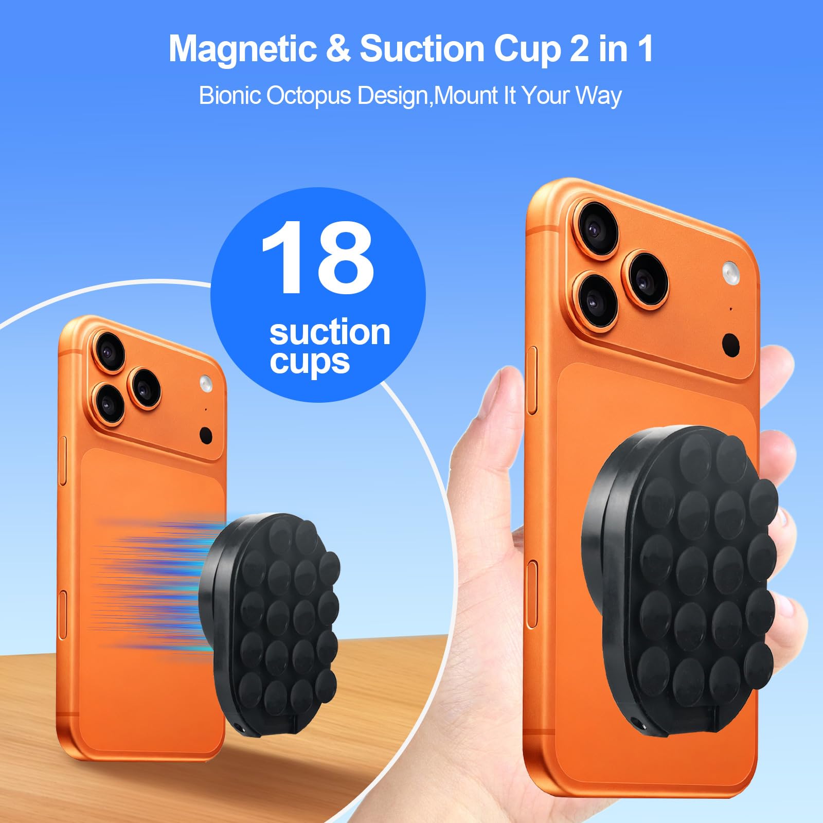 TecChic 3-in-1 magnetic phone stand with adjustable rotatable mount, compatible with iPhone 14-17, for car, gym, kitchen, or desk use.