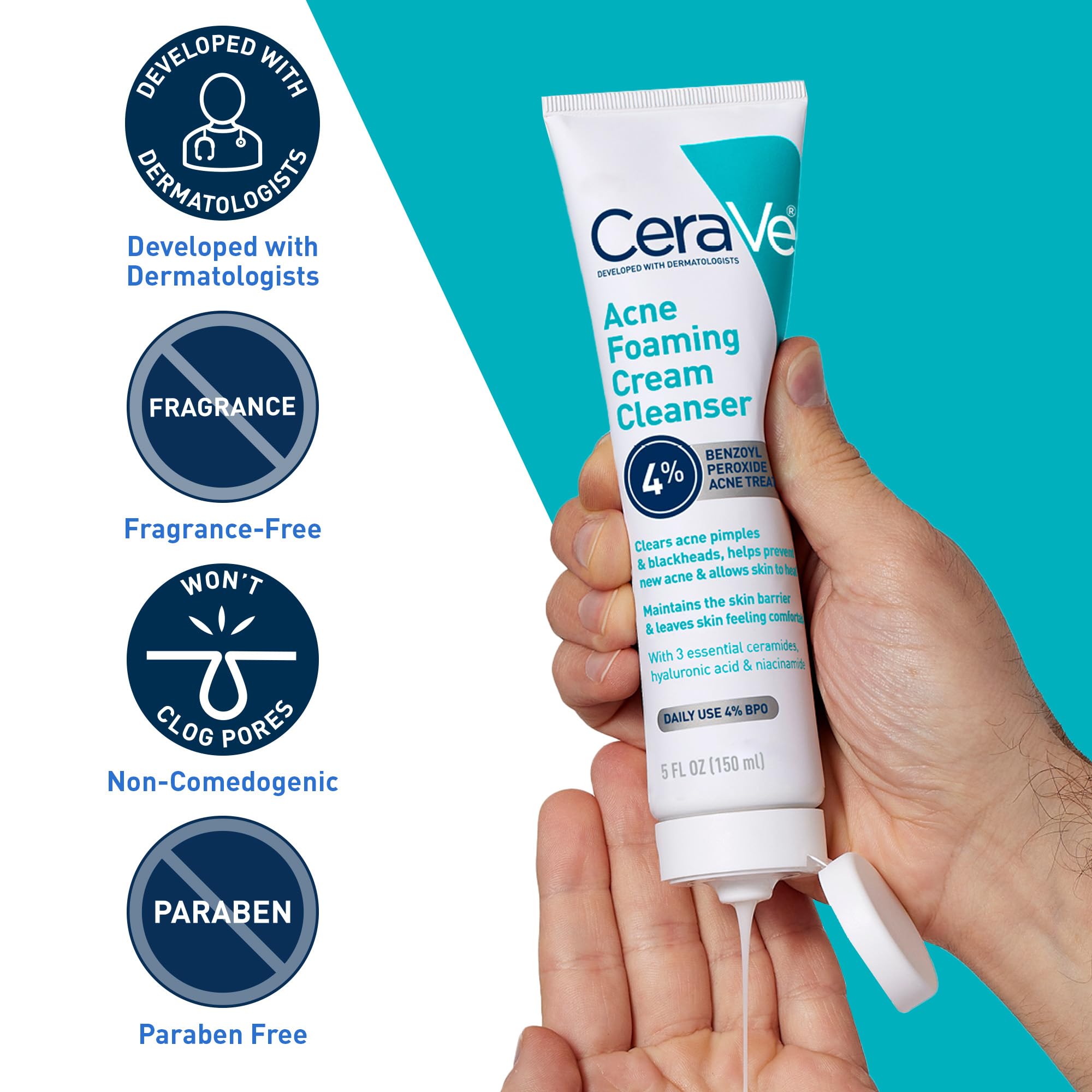CeraVe Foaming Acne Cream Cleanser, Face Wash with 4% Benzoyl Peroxide - CeraVe Official Product View 7