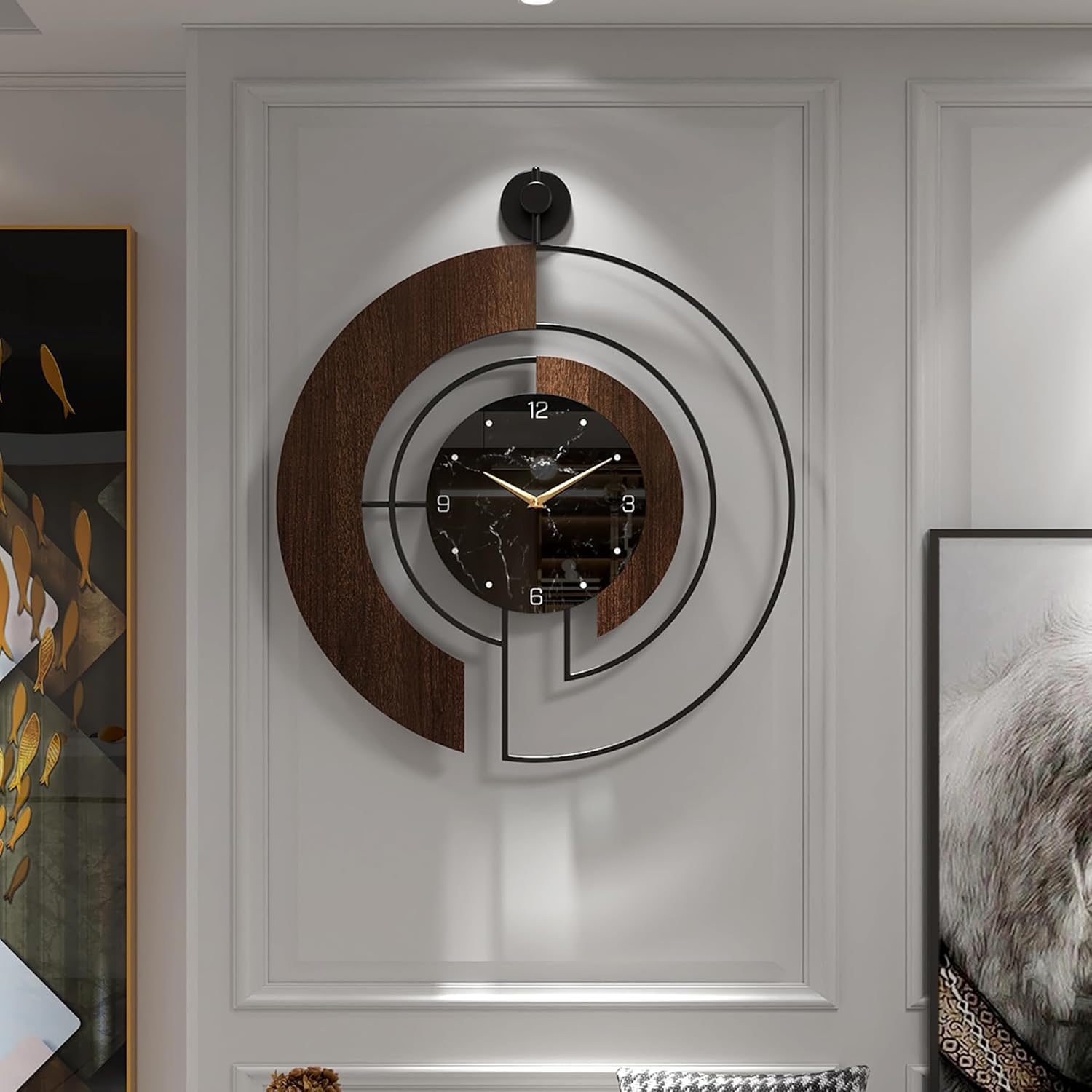 Modern walnut marble dial wall clock with large wood and metal frame, silent movement, by VIVIFLYSE.
