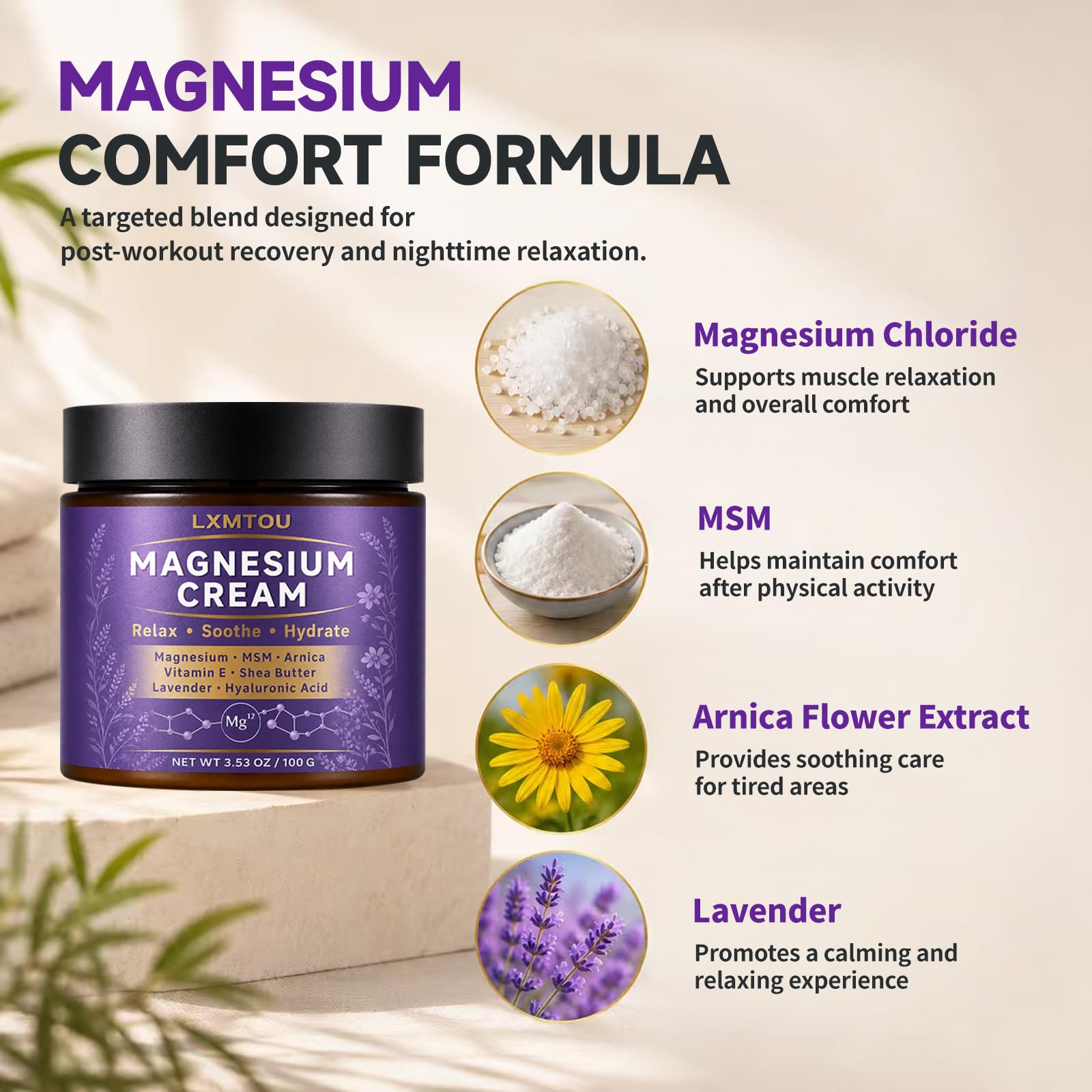 lxmtou Magnesium Cream with MSM and arnica, a skin moisturizer for sleep support and muscle relaxation, shown in a jar.