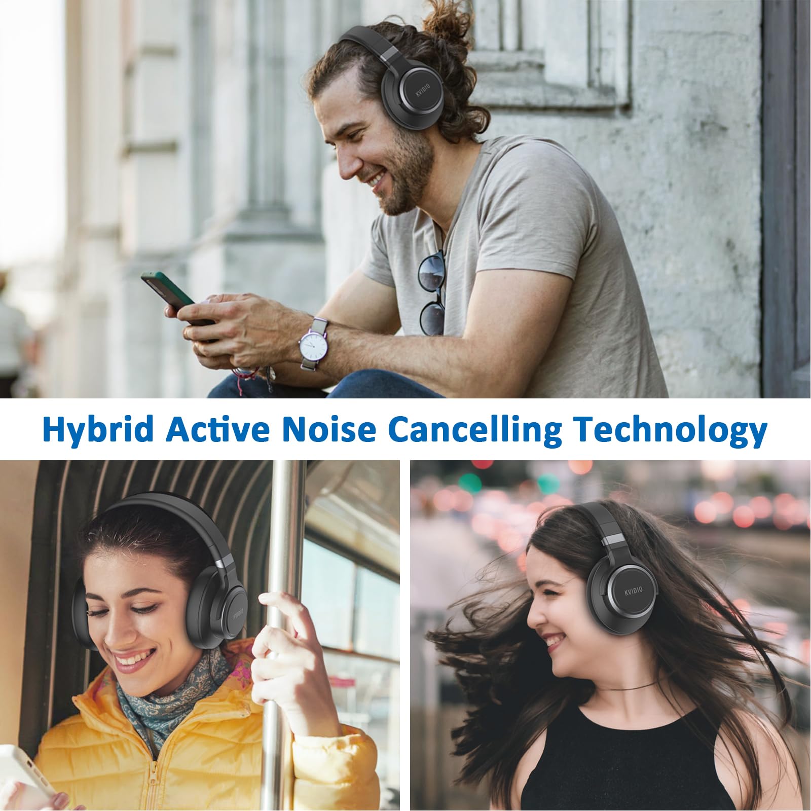 KVIDIO active noise cancelling Bluetooth headphones with deep bass, microphone, transparency mode, over-ear design, and 70 hours playtime