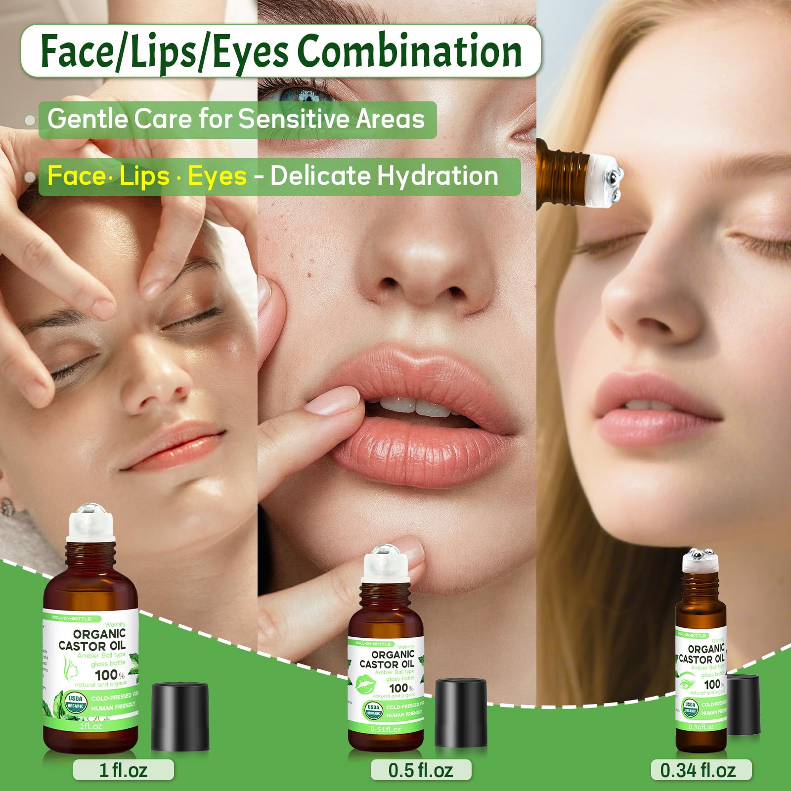 Warmify 6-in-1 castor oil roll-on set for face and body, featuring sleek applicators and clear packaging.