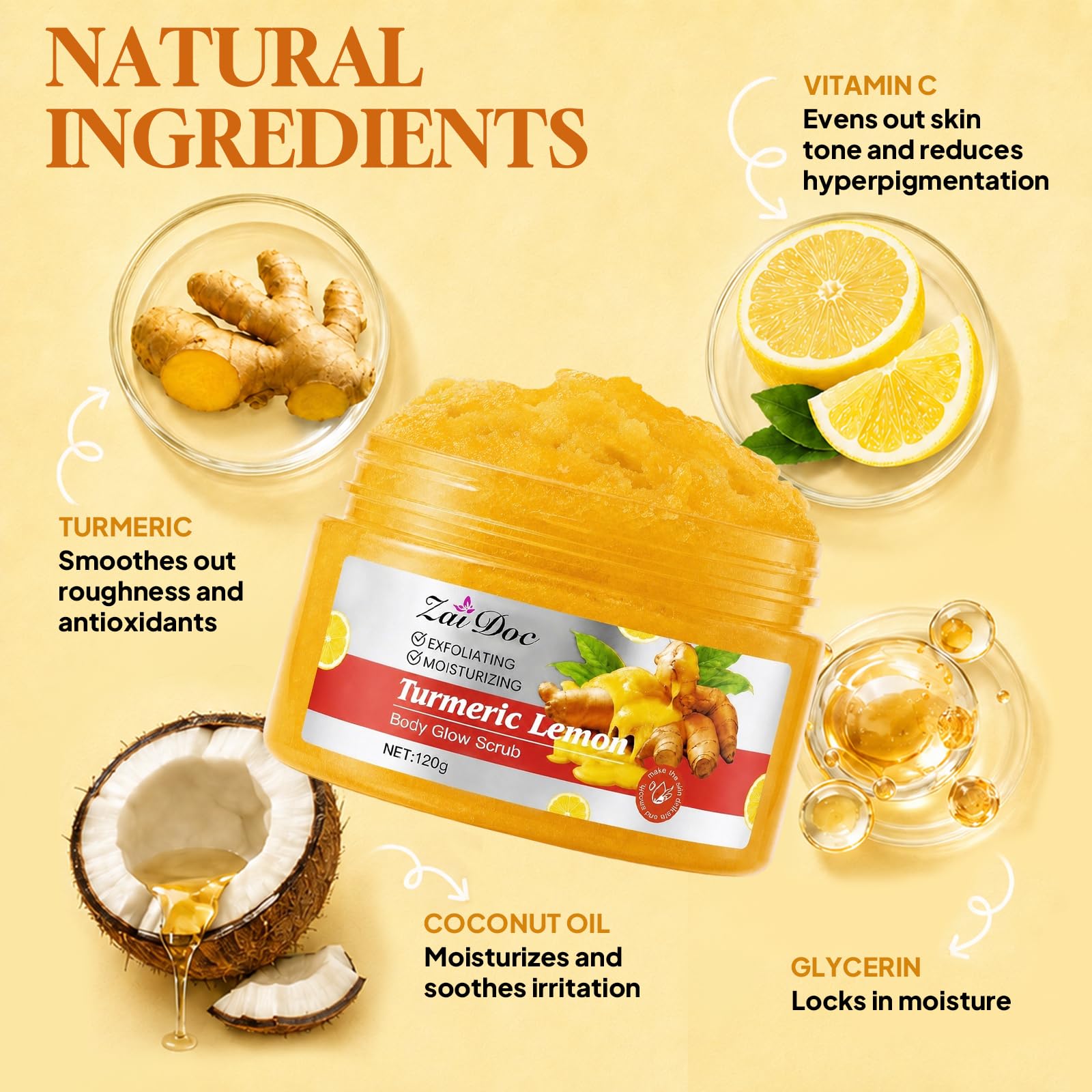 ZAIDOC 3Packs Turmeric Lemon Body Scrub, Exfoliating Body Polish with Aloe, - ZAIDOC Official Product View 8
