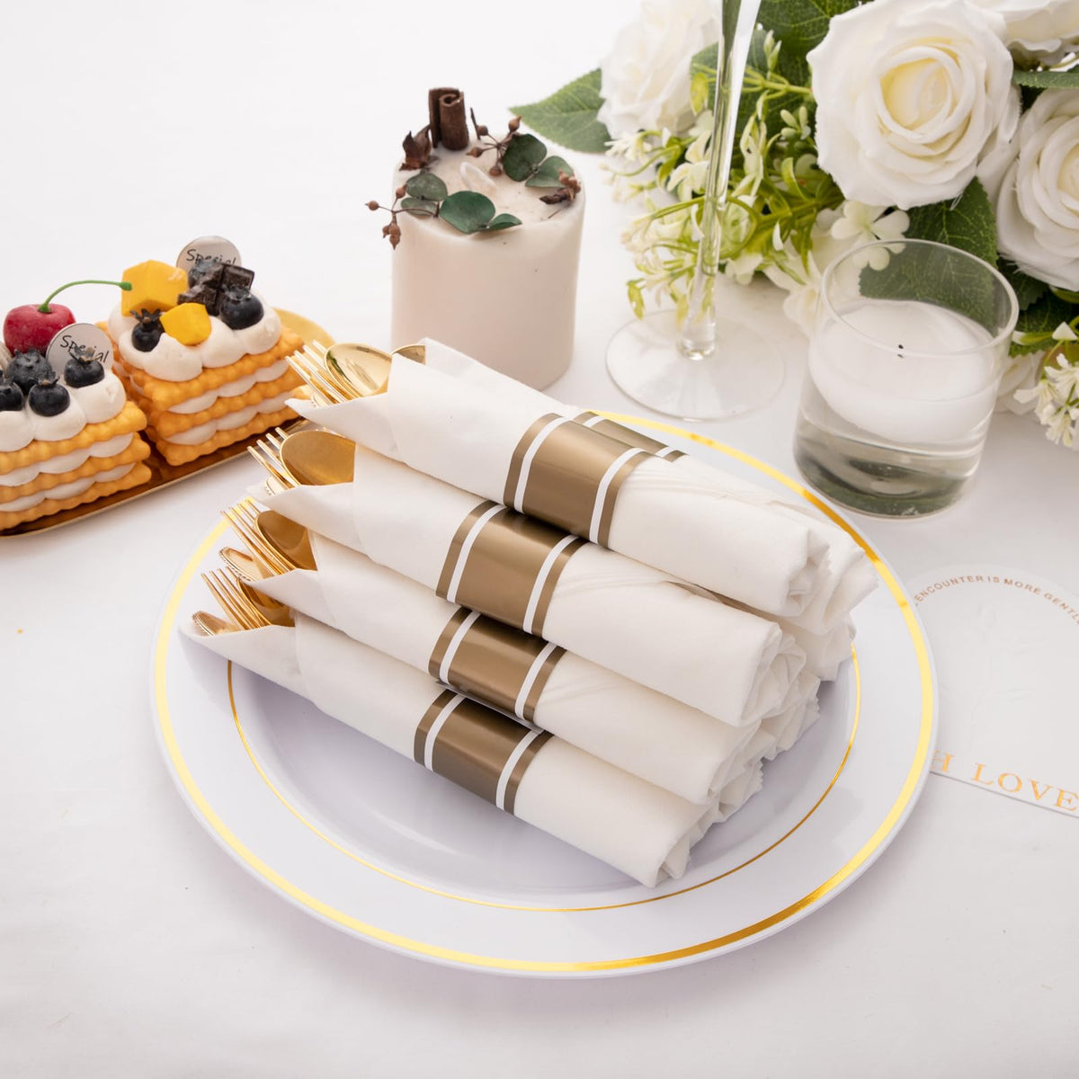 50Pack Pre Rolled Gold Plastic Silverware Set Heavy Duty for - Joyido Official Imagery - 6